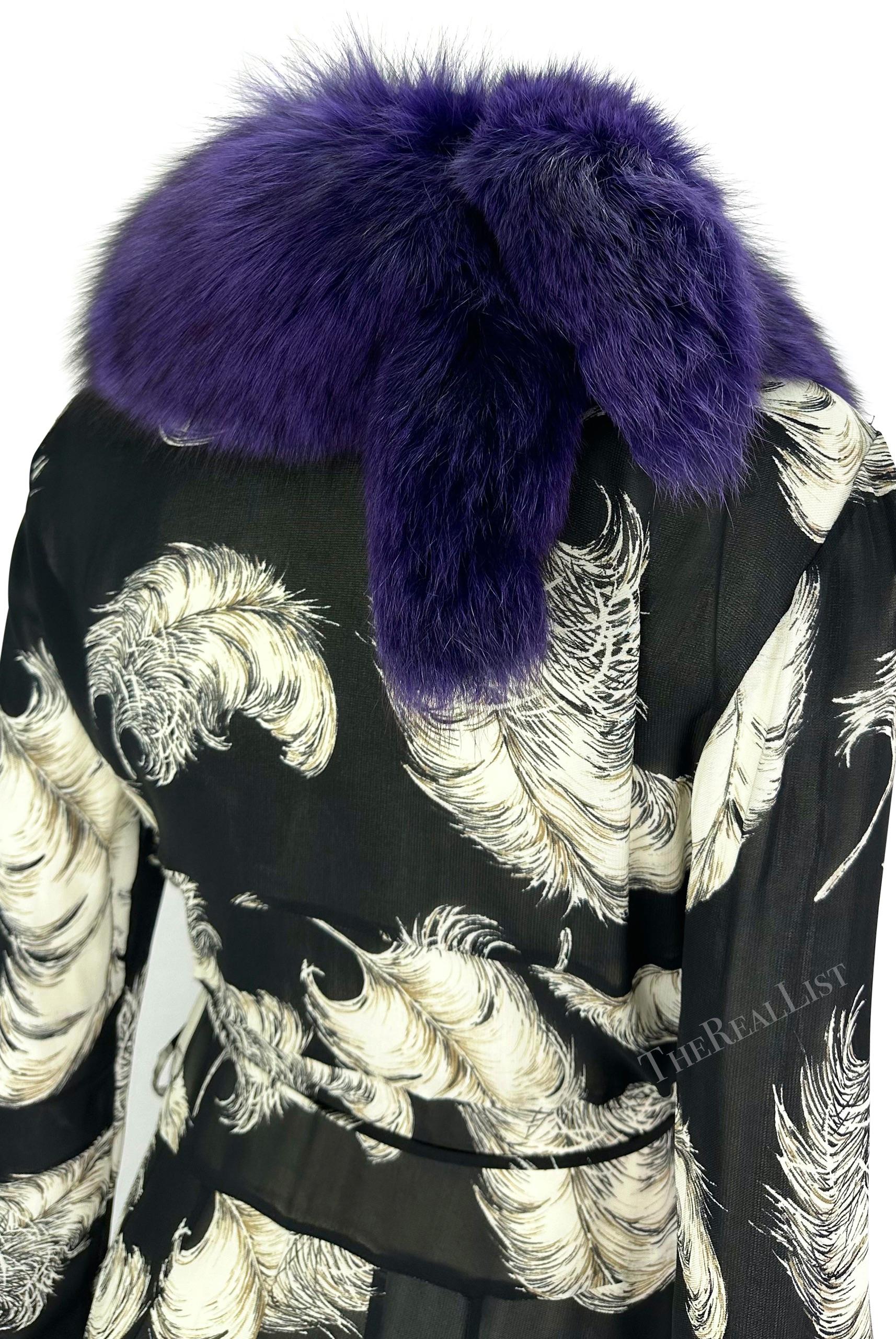 F/W 1997 Dolce & Gabbana Runway Purple Fox Fur Black Feather Print Duster Coat For Sale 8
