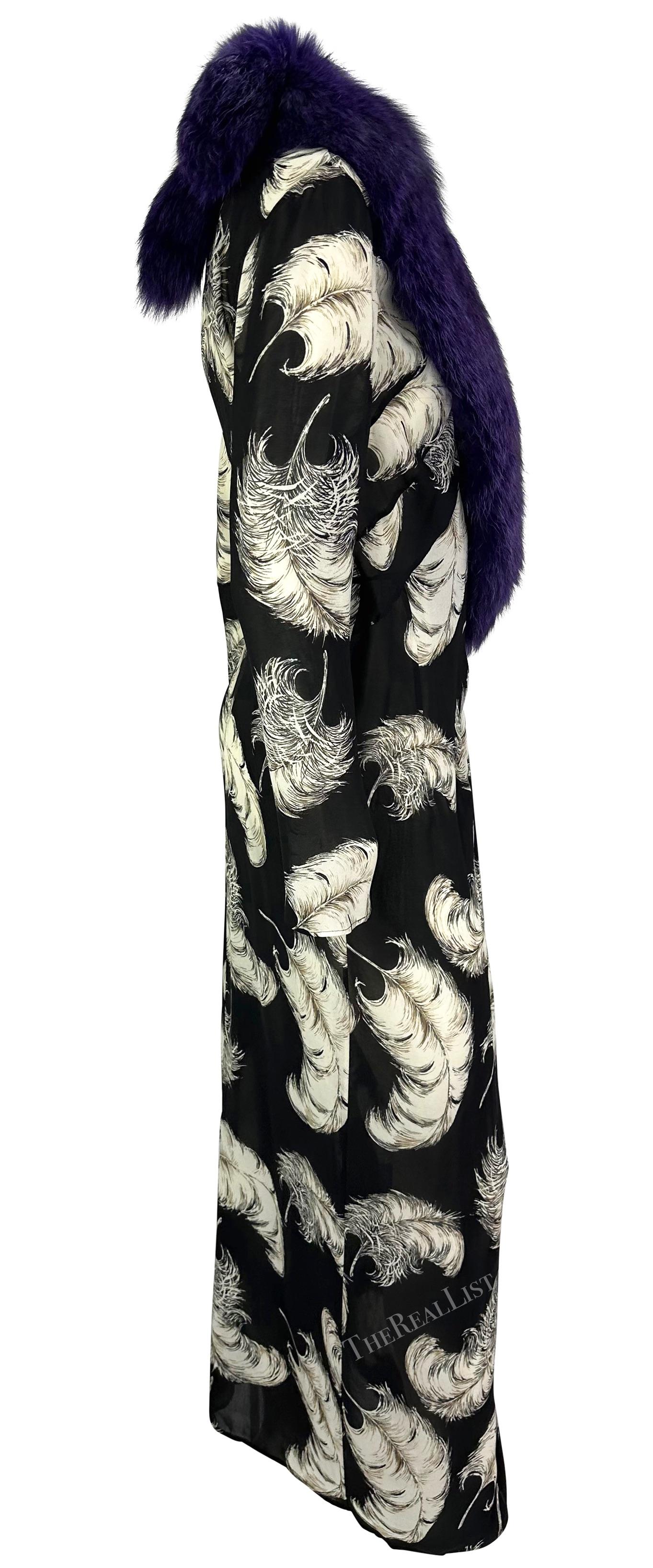 F/W 1997 Dolce & Gabbana Runway Purple Fox Fur Black Feather Print Duster Coat For Sale 9