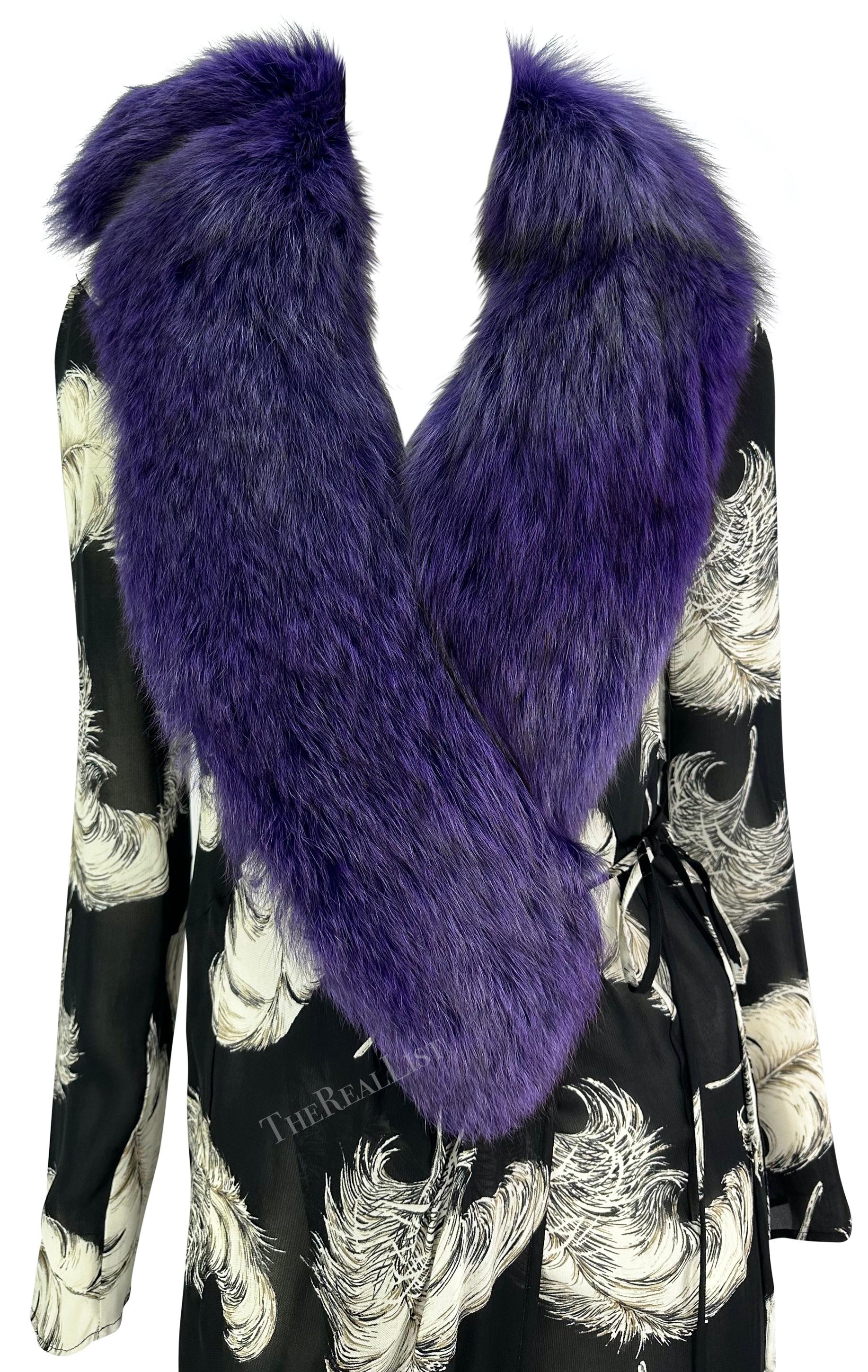 F/W 1997 Dolce & Gabbana Runway Purple Fox Fur Black Feather Print Duster Coat For Sale 2