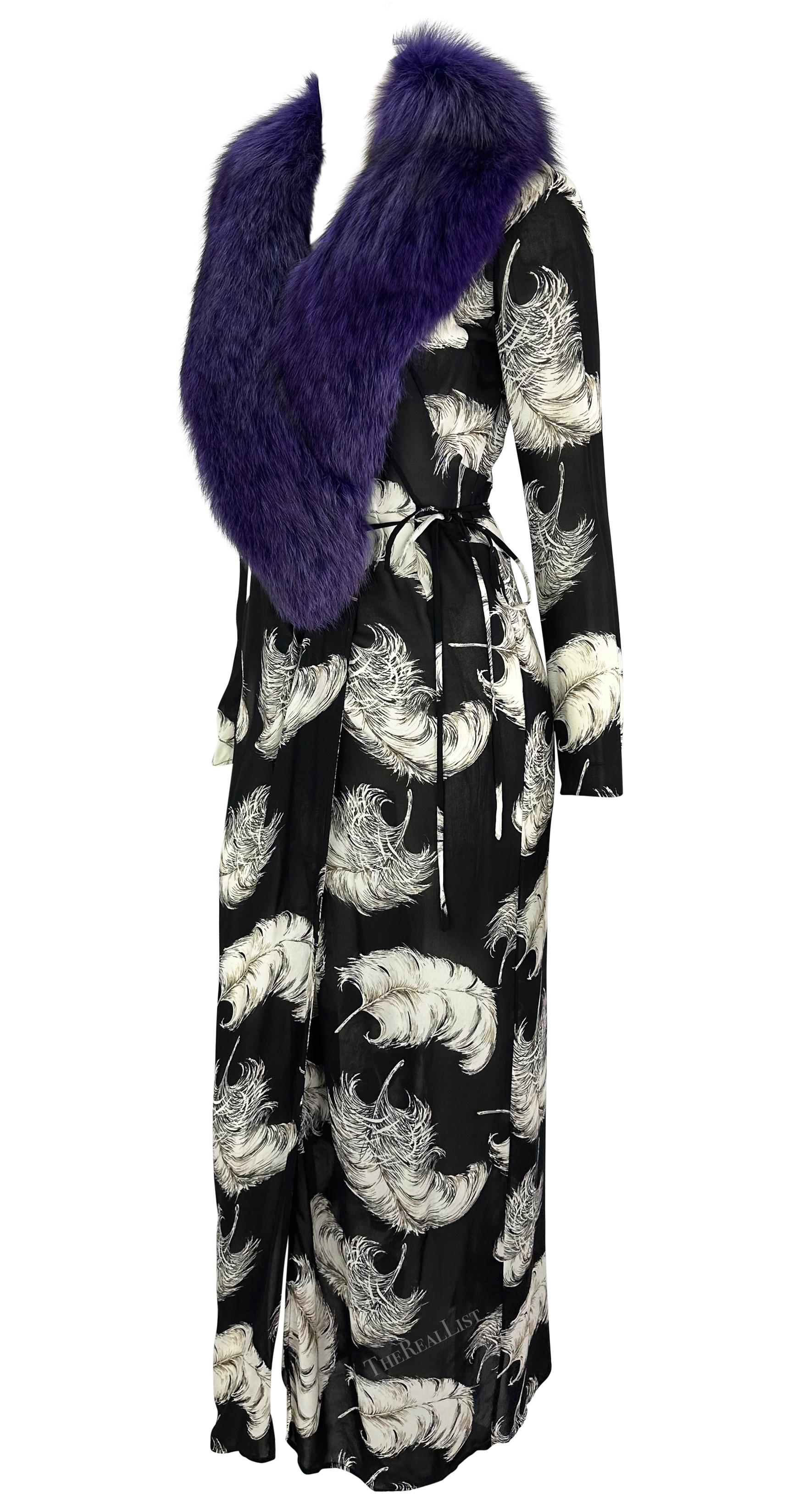 F/W 1997 Dolce & Gabbana Runway Purple Fox Fur Black Feather Print Duster Coat For Sale 5