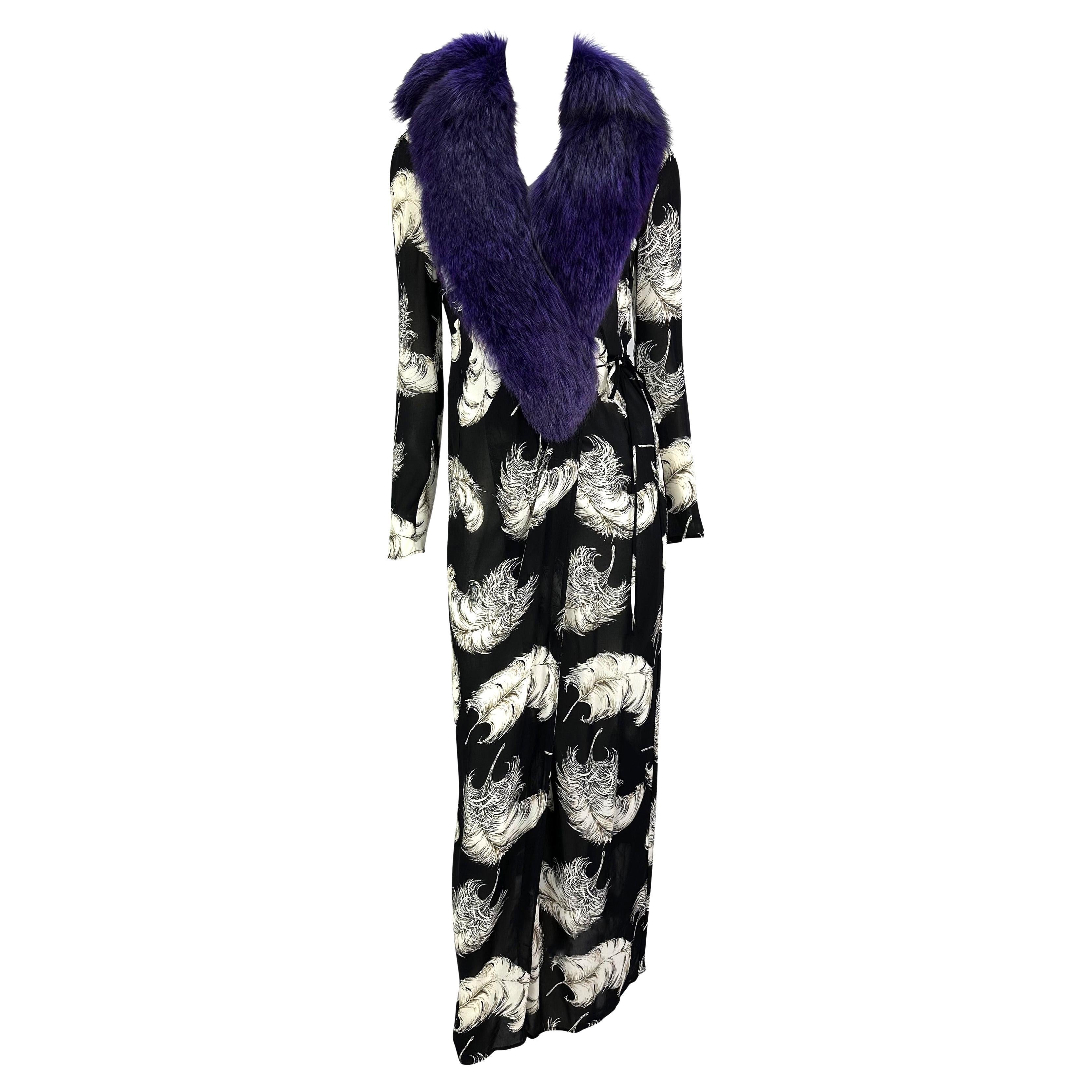 F/W 1997 Dolce & Gabbana Runway Purple Fox Fur Black Feather Print Duster Coat For Sale