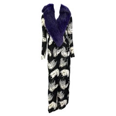 F/W 1997 Dolce & Gabbana Runway Purple Fox Fur Black Feather Print Duster Coat