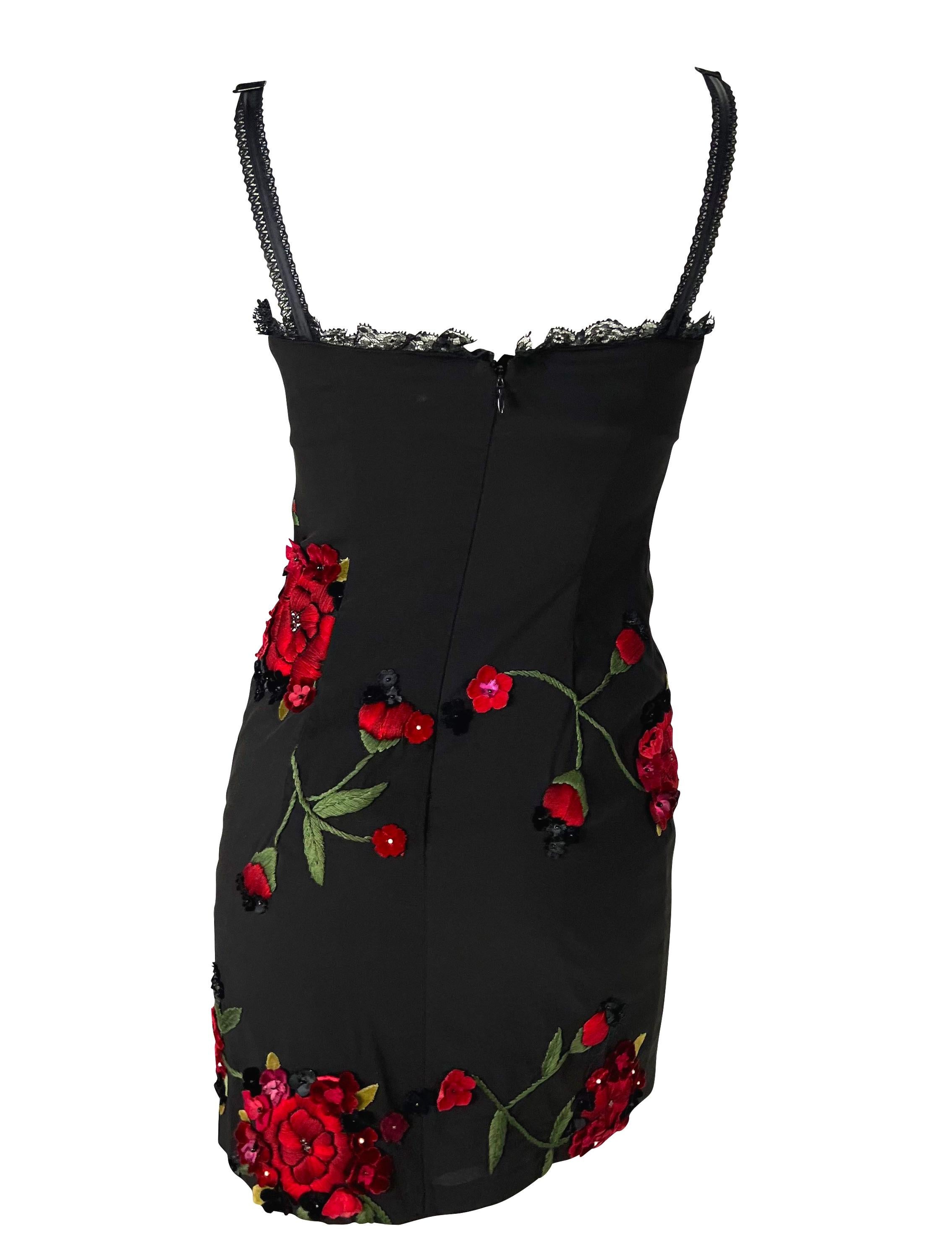 Black F/W 1997 Dolce & Gabbana Runway Red Floral Embroidered Rhinestone Bustier Dress