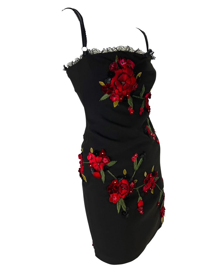 F/W 1997 Dolce and Gabbana Runway Red Floral Embroidered Rhinestone Bustier  Dress at 1stDibs | black dress with red flowers, corset jeweled l rouge  lipstick, floral bustier dress