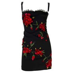 Retro F/W 1997 Dolce & Gabbana Runway Red Floral Embroidered Rhinestone Bustier Dress