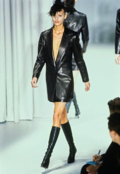 F/W 1997 Gianni Versace Black Leather Oversized Blazer Plunging Mini Dress