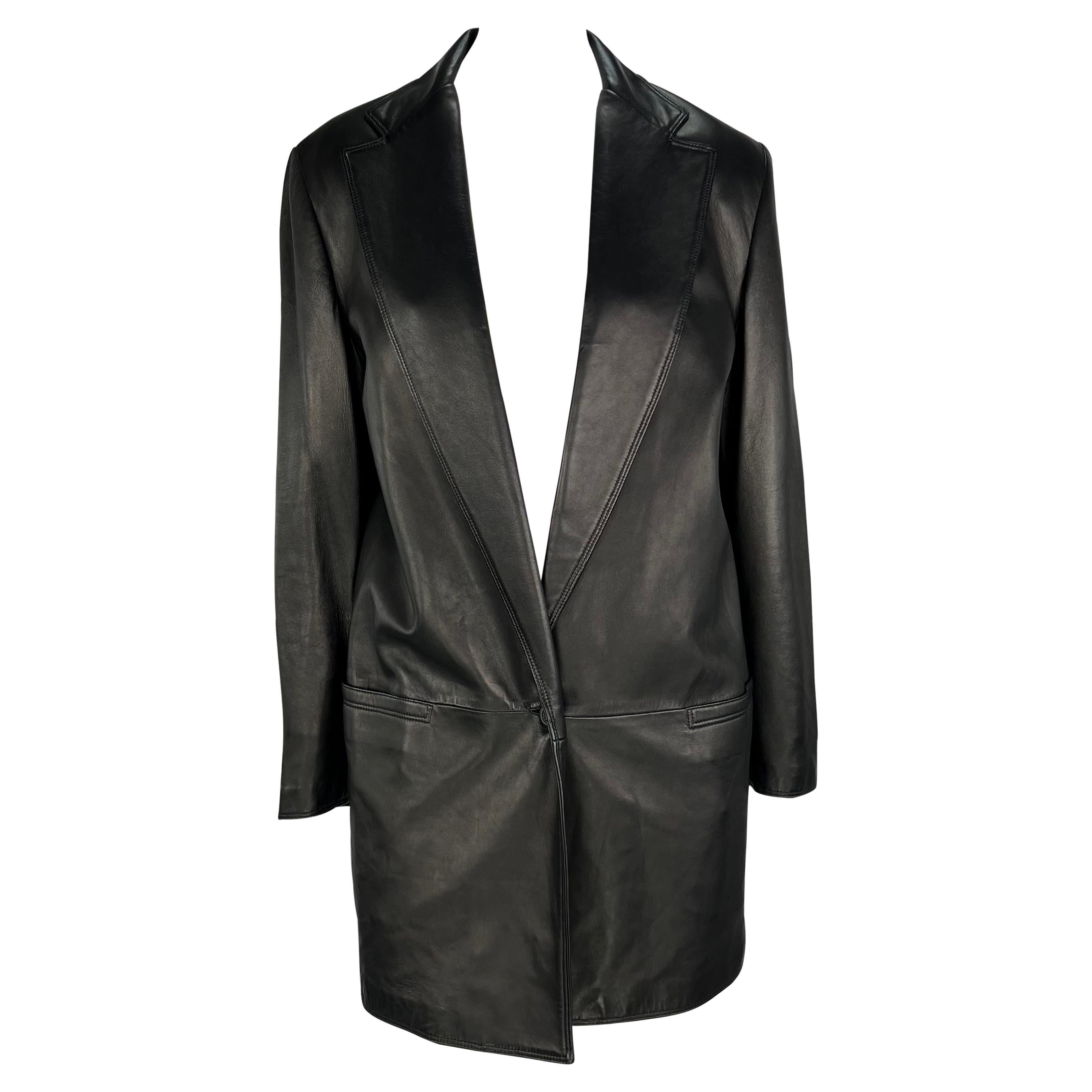 F/W 1997 Gianni Versace Black Leather Oversized Blazer Plunging Mini Dress In Excellent Condition For Sale In West Hollywood, CA
