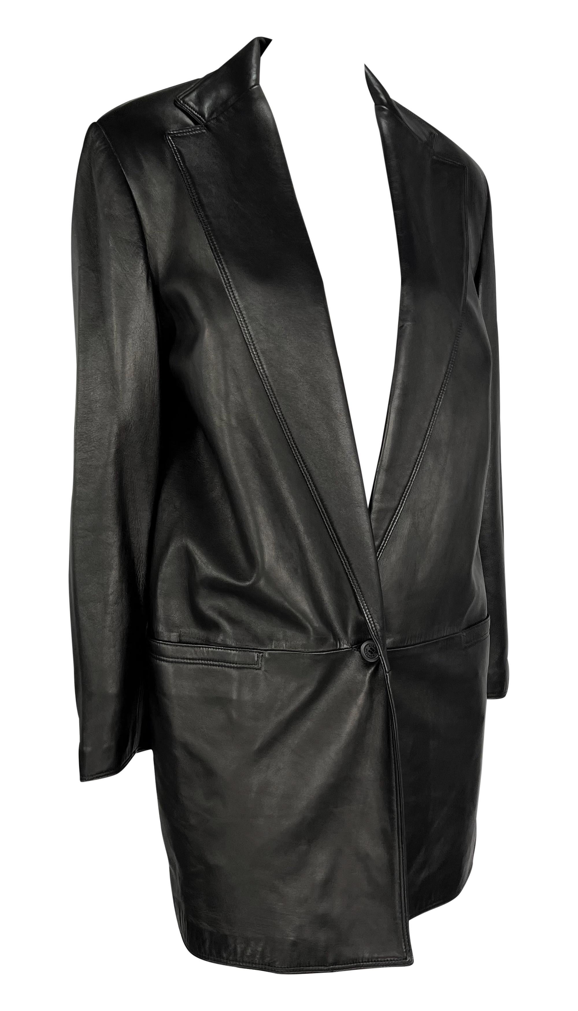 Women's F/W 1997 Gianni Versace Black Leather Oversized Blazer Plunging Mini Dress For Sale