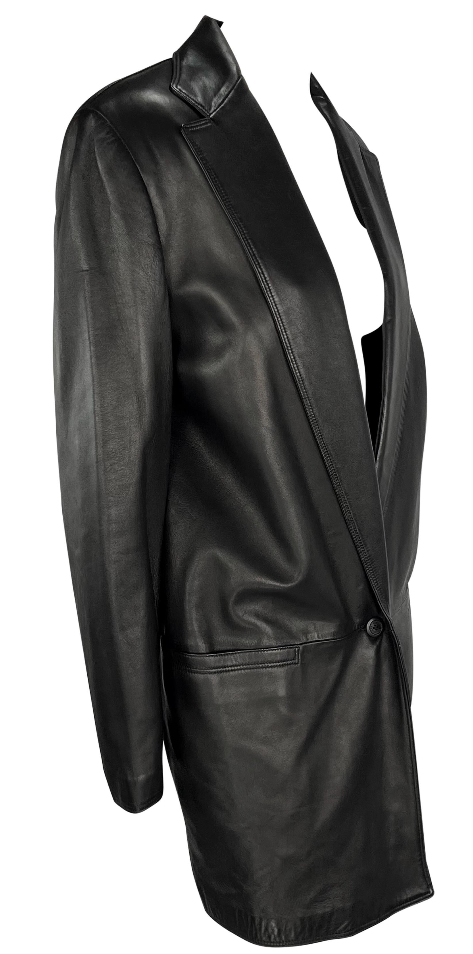 F/W 1997 Gianni Versace Black Leather Oversized Blazer Plunging Mini Dress For Sale 1