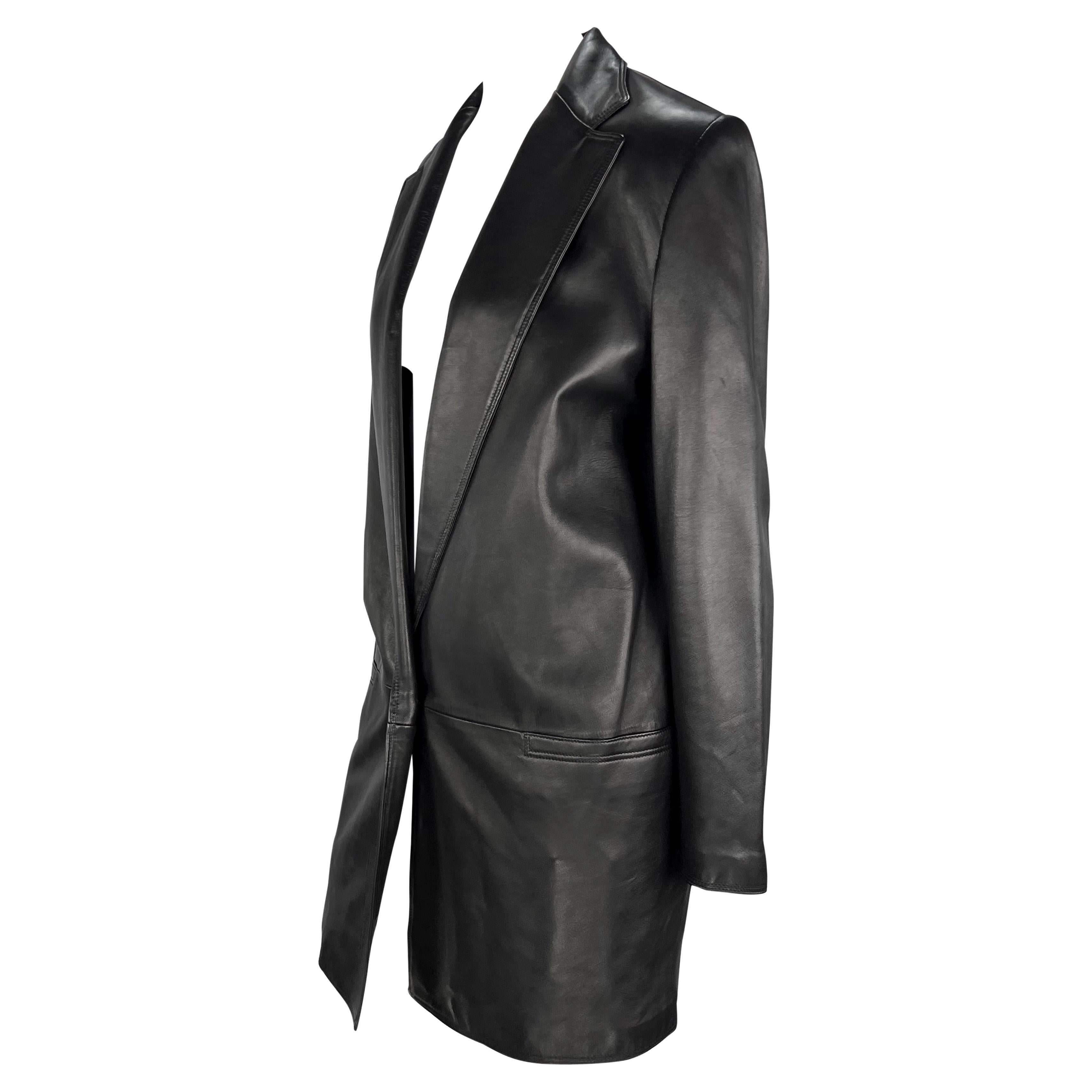 F/W 1997 Gianni Versace Black Leather Oversized Blazer Plunging Mini Dress For Sale