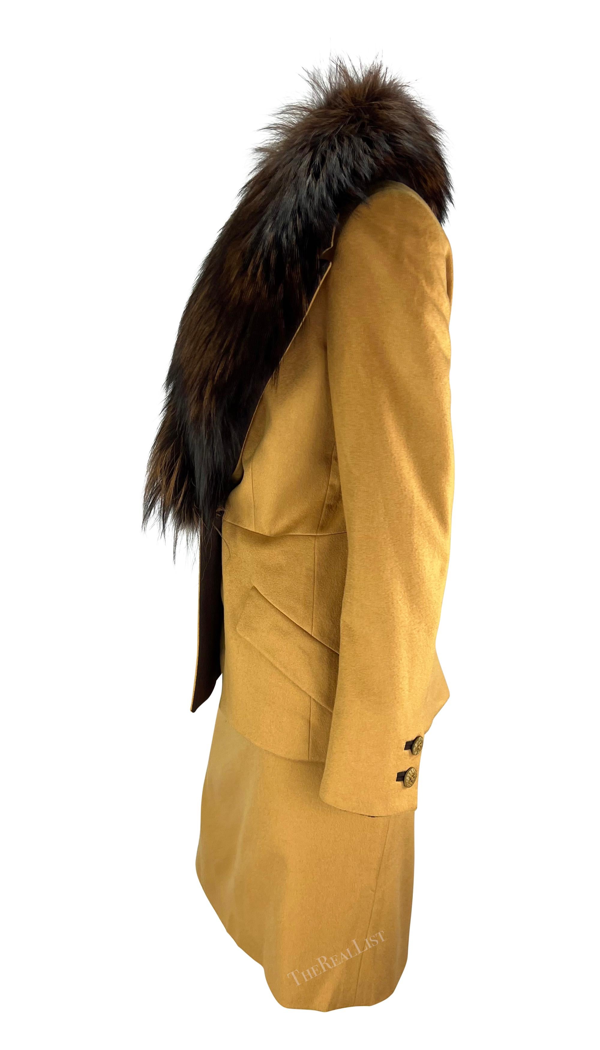 F/W 1997 Gianni Versace Couture Mustard Fox Fur Trim Wool Skirt Suit In Excellent Condition For Sale In West Hollywood, CA