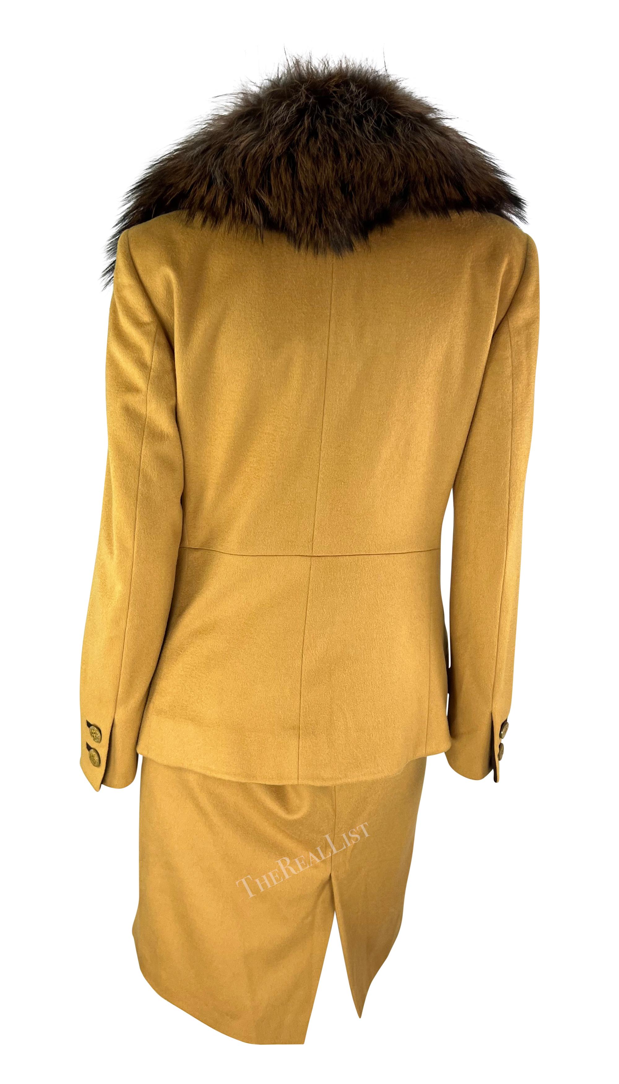 Women's F/W 1997 Gianni Versace Couture Mustard Fox Fur Trim Wool Skirt Suit For Sale
