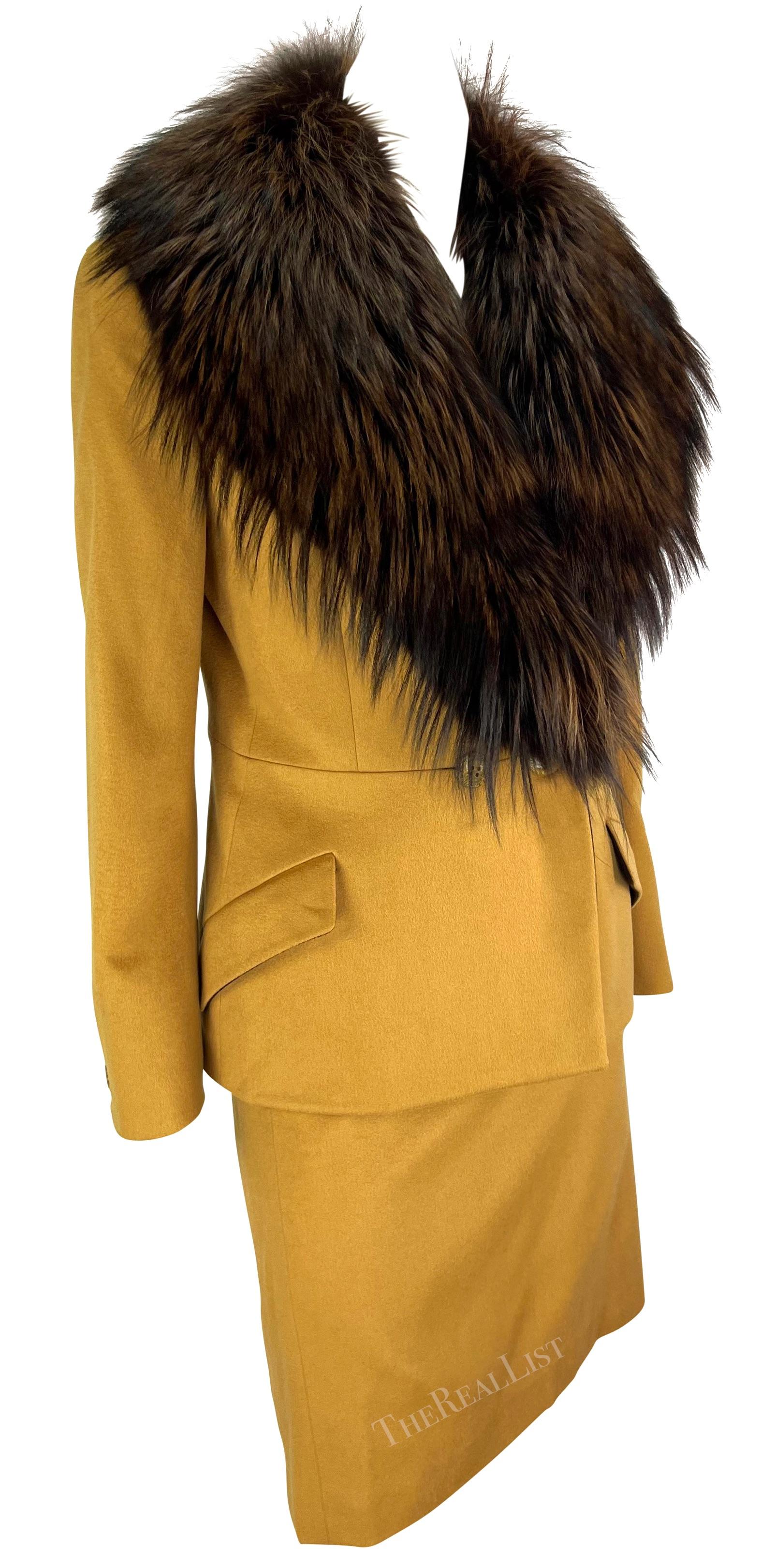F/W 1997 Gianni Versace Couture Mustard Fox Fur Trim Wool Skirt Suit For Sale 2