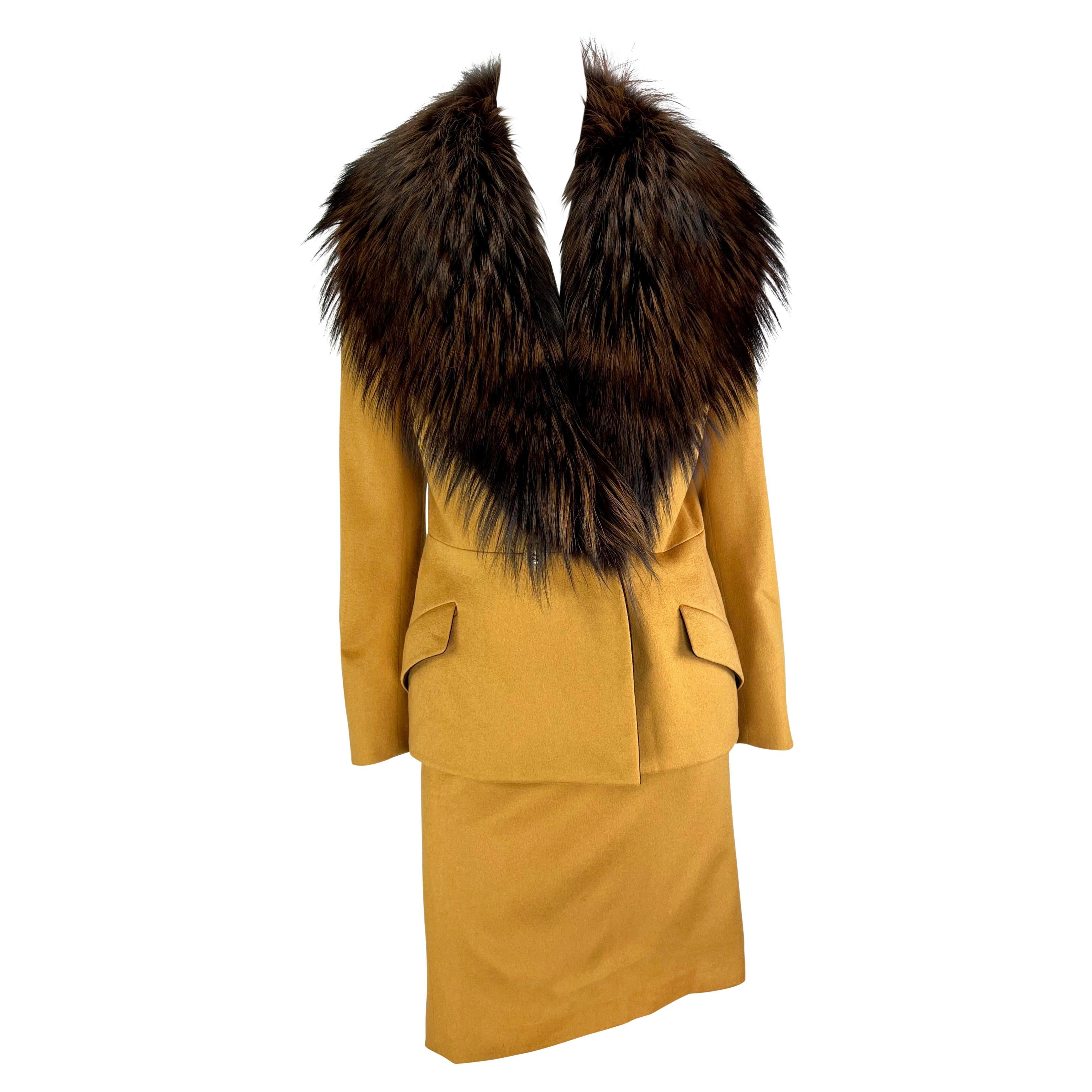 F/W 1997 Gianni Versace Couture Mustard Fox Fur Trim Wool Skirt Suit For Sale