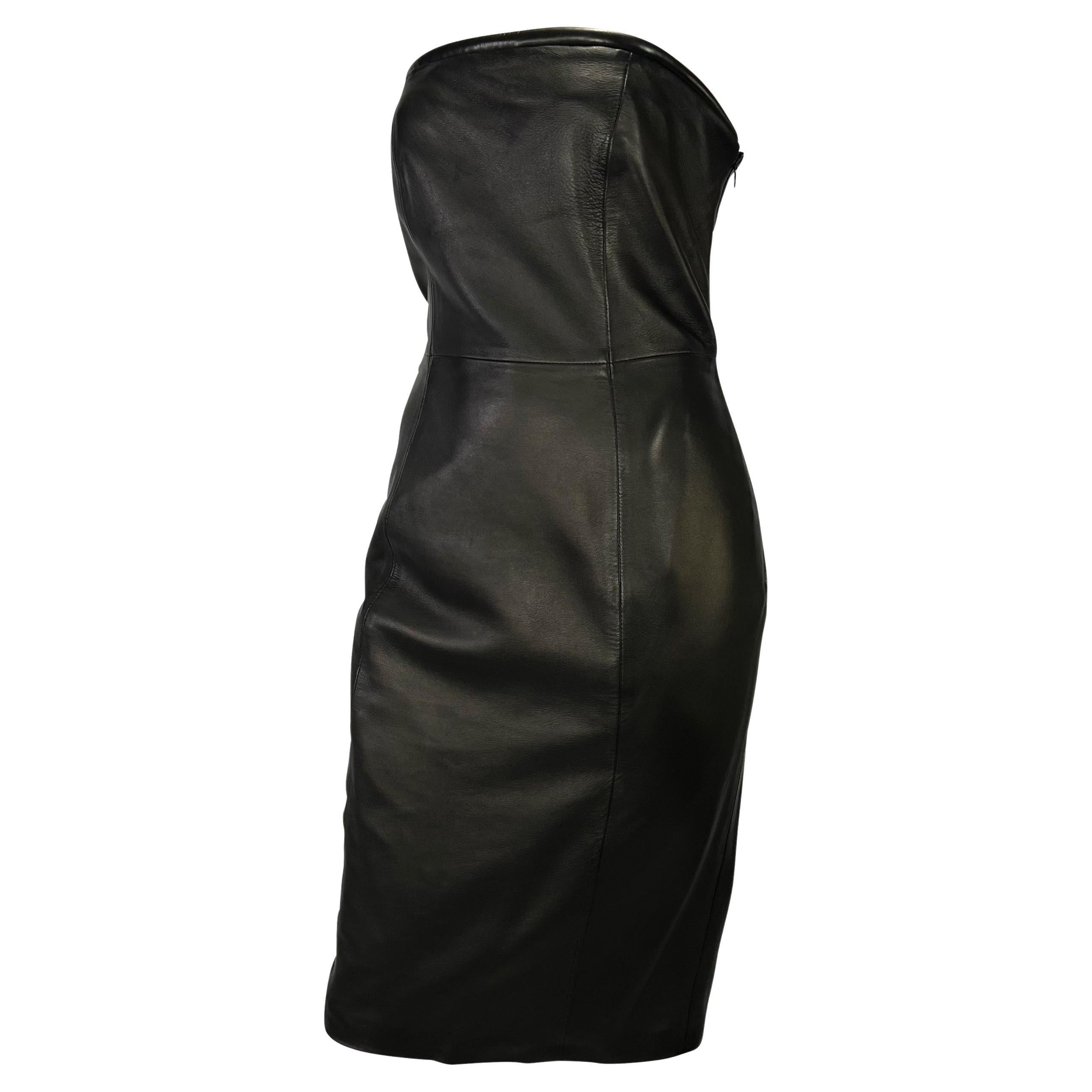 F/W 1997 Gianni Versace Padded Neckline Black Leather Bodycon Tube Dress