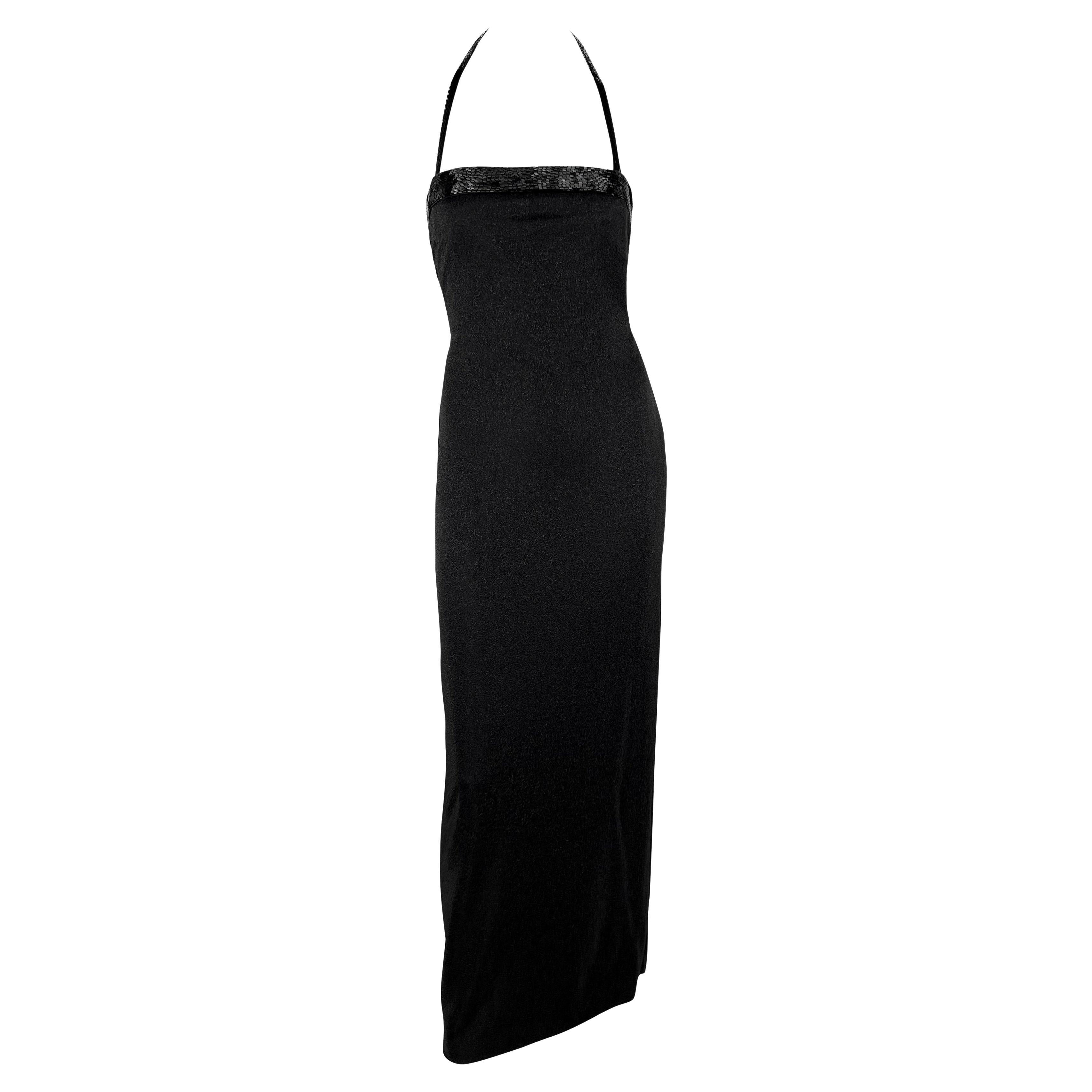 F/W 1997 Gianni Versace Runway Beaded Black Lurex Metallic Halter Neck Gown For Sale