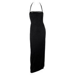 Vintage F/W 1997 Gianni Versace Runway Beaded Black Lurex Metallic Halter Neck Gown