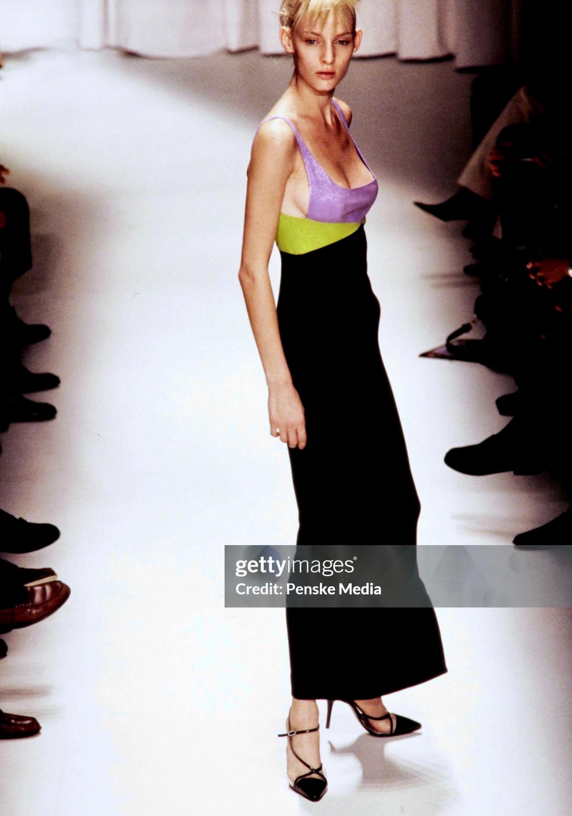 F/W 1997 Gianni Versace Runway Lurex Metallic Lavender Yellow Color Block Gown 10