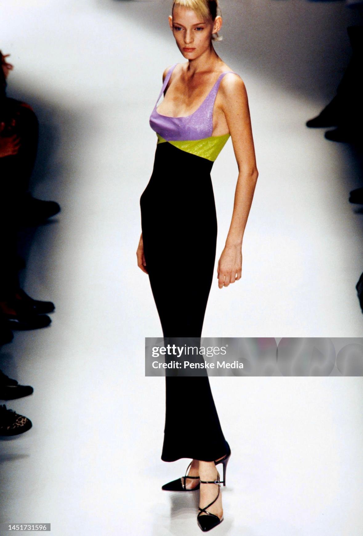 F/W 1997 Gianni Versace Runway Lurex Metallic Lavender Yellow Color Block Gown 2
