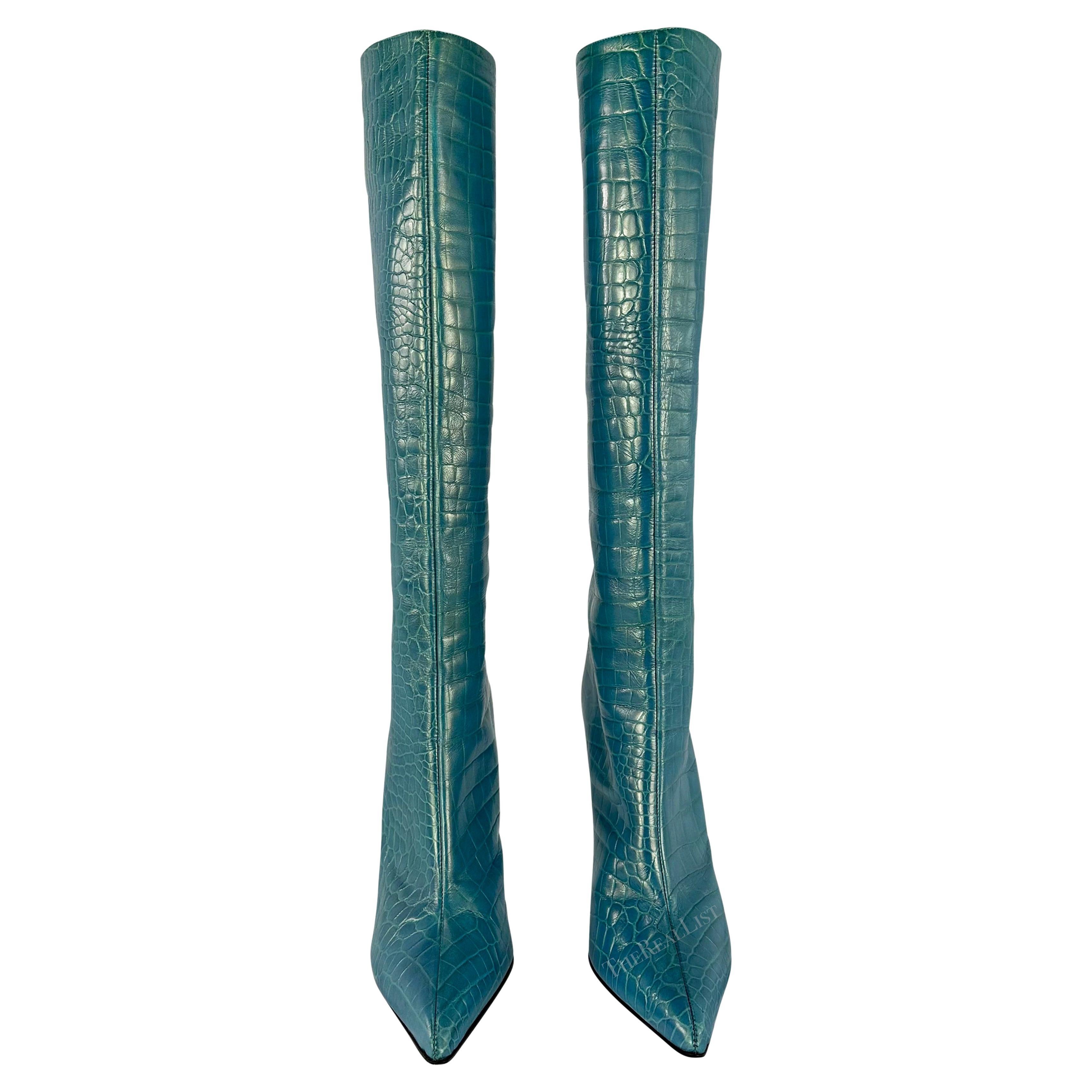 F/W 1997 Gucci by Tom Ford Blue Metallic Crocodile Embossed Heel Boots Size 10B For Sale 1