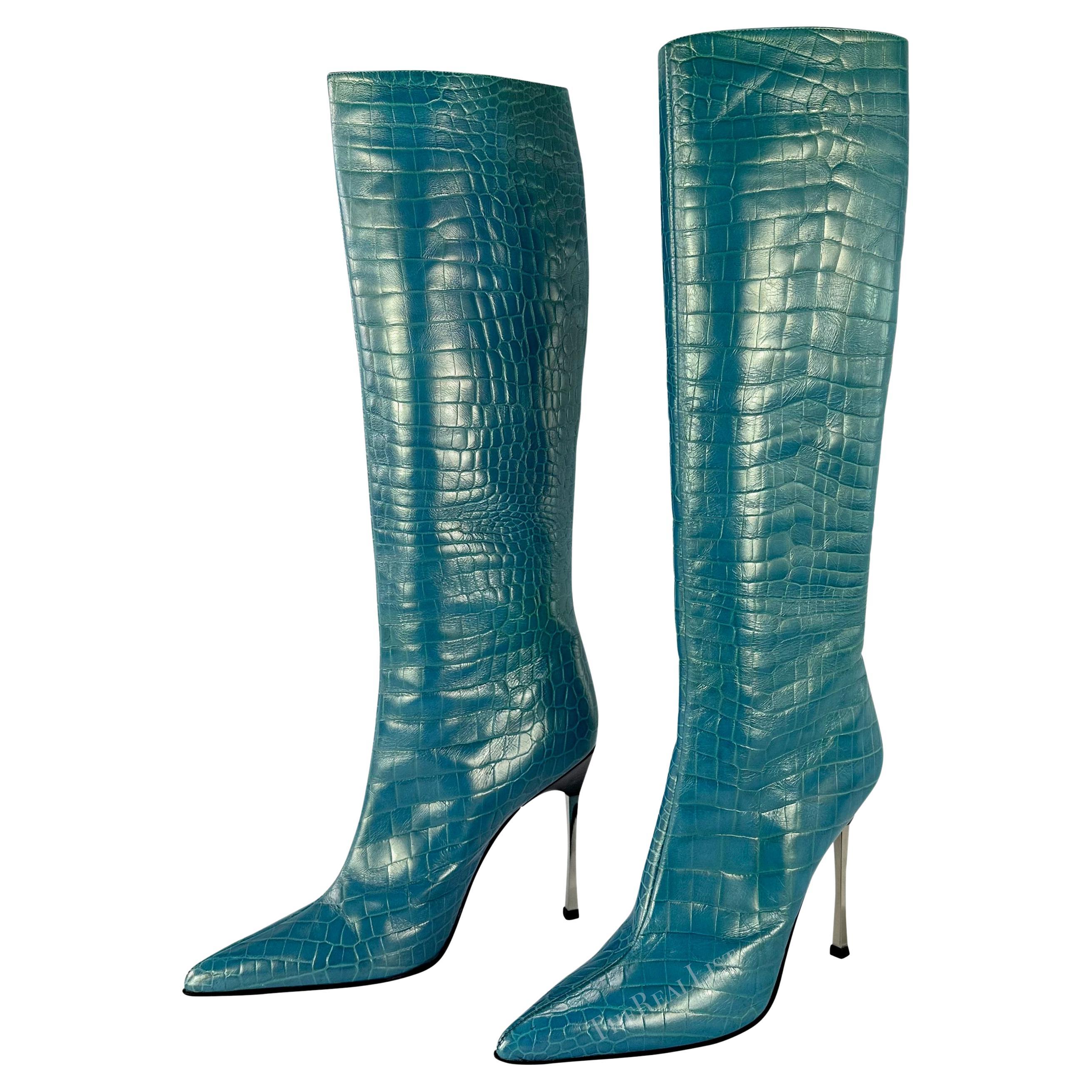 F/W 1997 Gucci by Tom Ford Blue Metallic Crocodile Embossed Heel Boots Size 10B For Sale 2