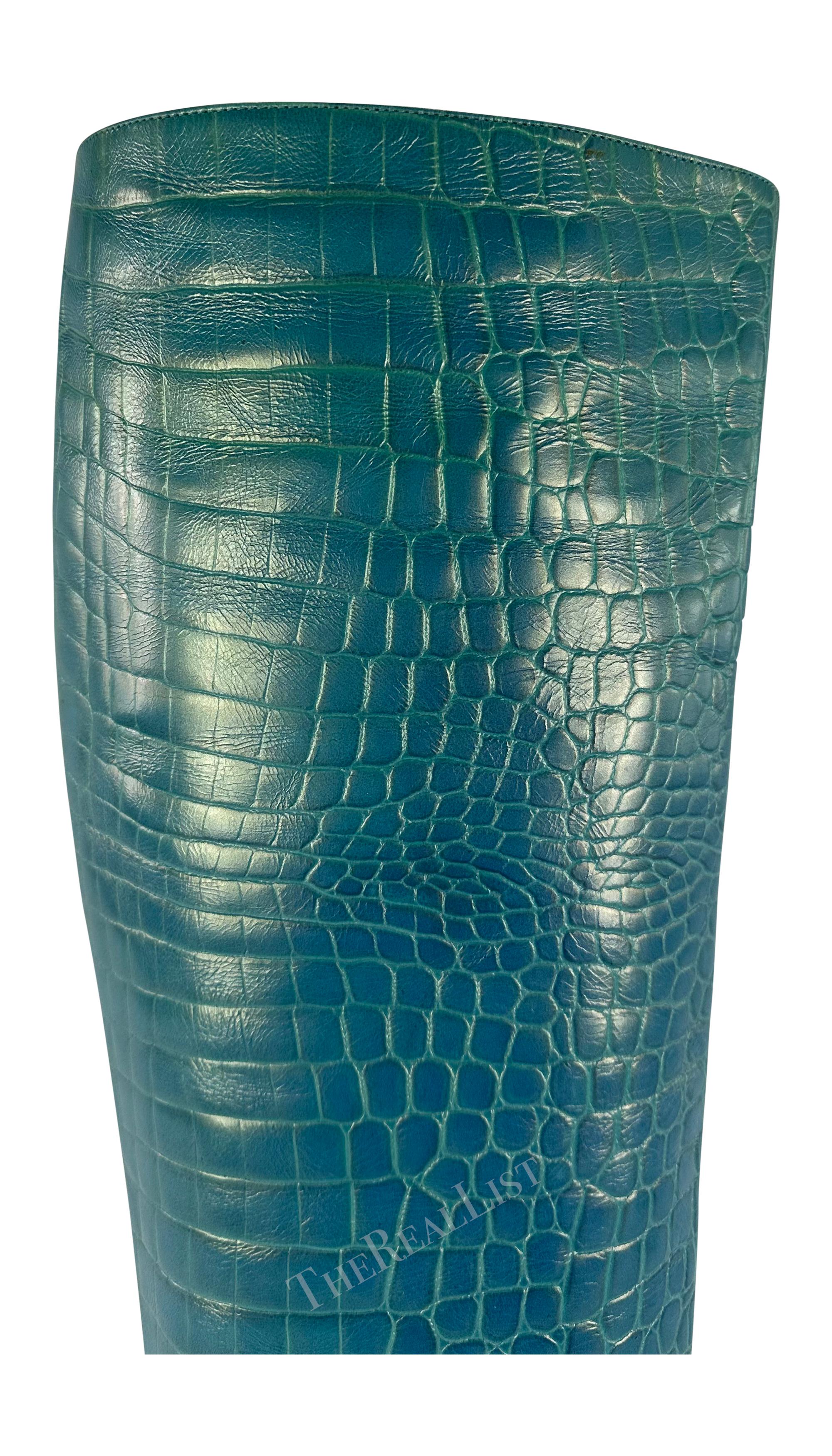 F/W 1997 Gucci by Tom Ford Blue Metallic Crocodile Embossed Heel Boots Size 10B For Sale 4