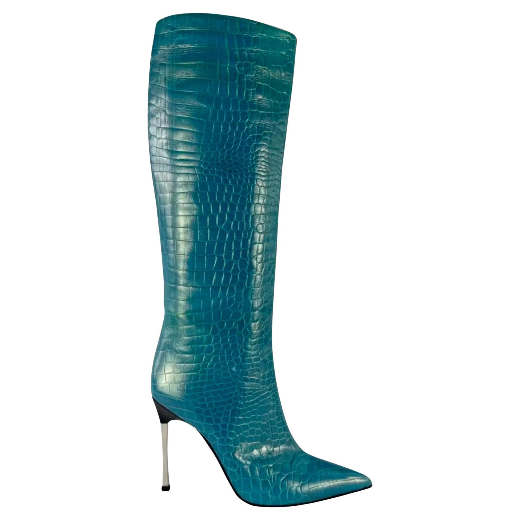 F/W 1997 Gucci by Tom Ford Blue Metallic Crocodile Embossed Heel Boots Size 10B For Sale
