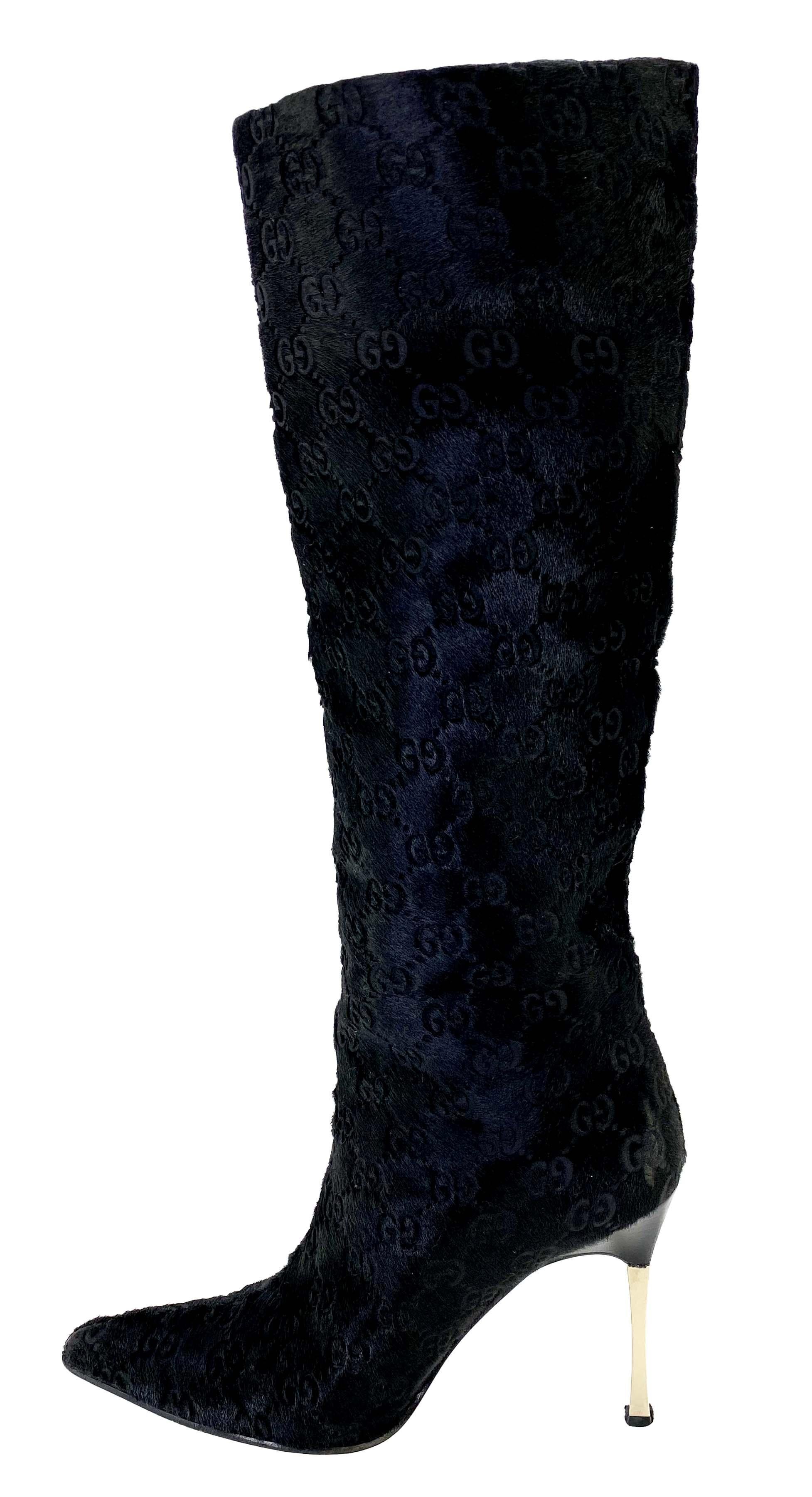 F/W 1997 Gucci by Tom Ford Runway GG Black Pony Hair Metal Heel Boots 37C en vente 2