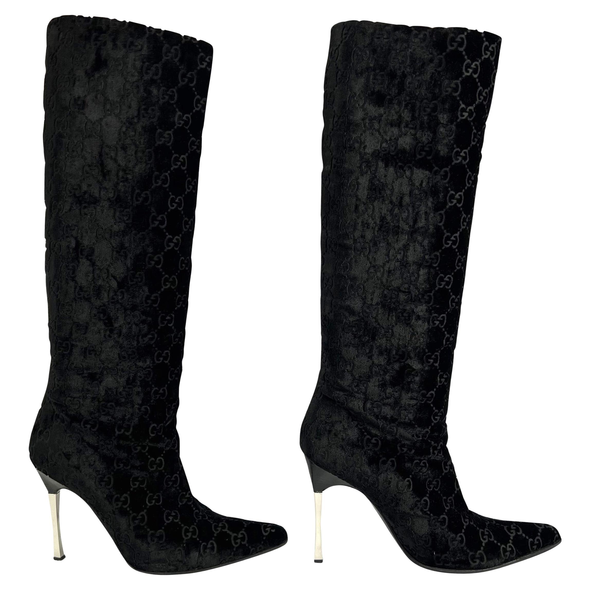 F/W 1997 Gucci by Tom Ford 'GG' Monogram Black Velvet Heel Boots Size   For Sale at 1stDibs