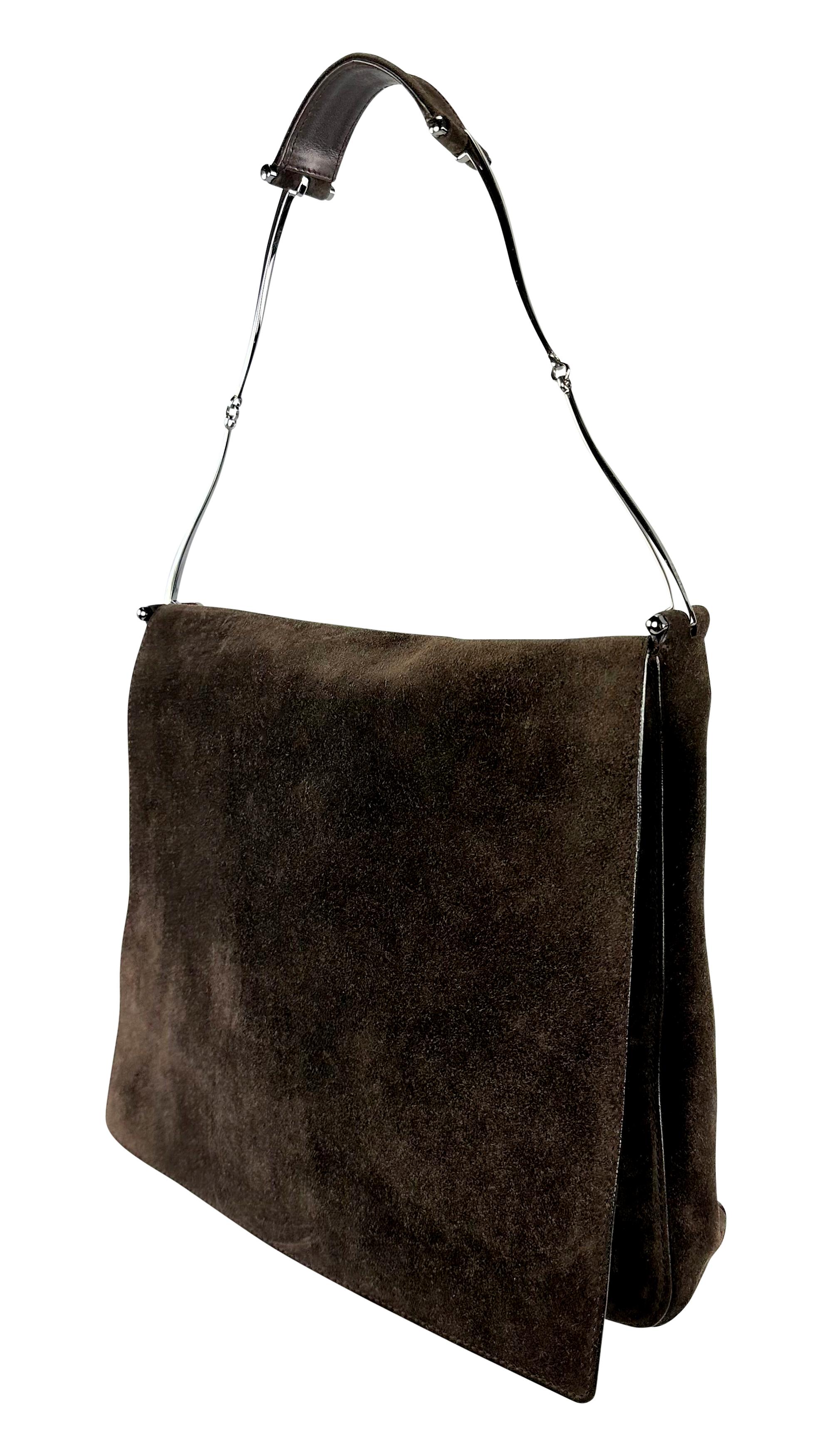 Black F/W 1997 Gucci by Tom Ford Horsebit Strap Brown Suede Flap Shoulder Bag For Sale