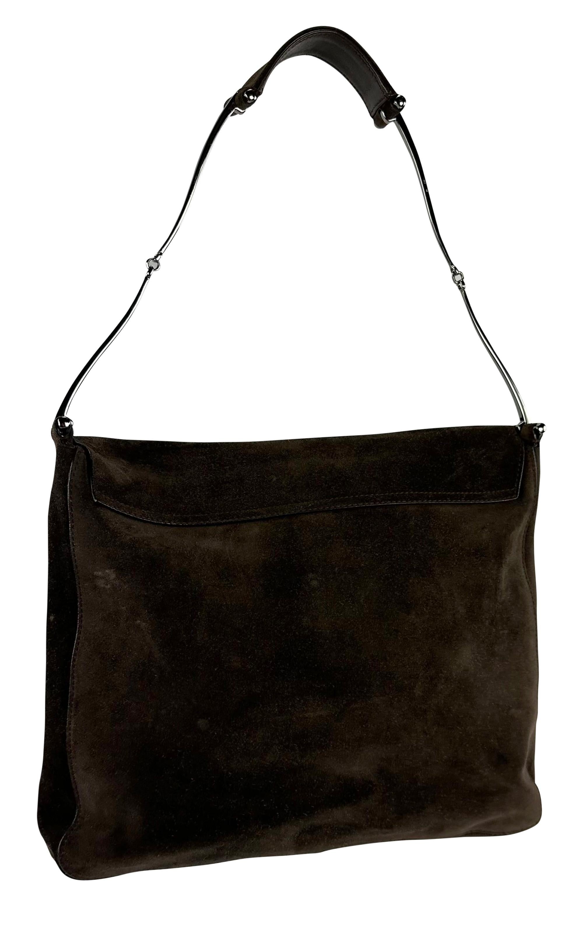 Women's F/W 1997 Gucci by Tom Ford Horsebit Strap Brown Suede Flap Shoulder Bag For Sale