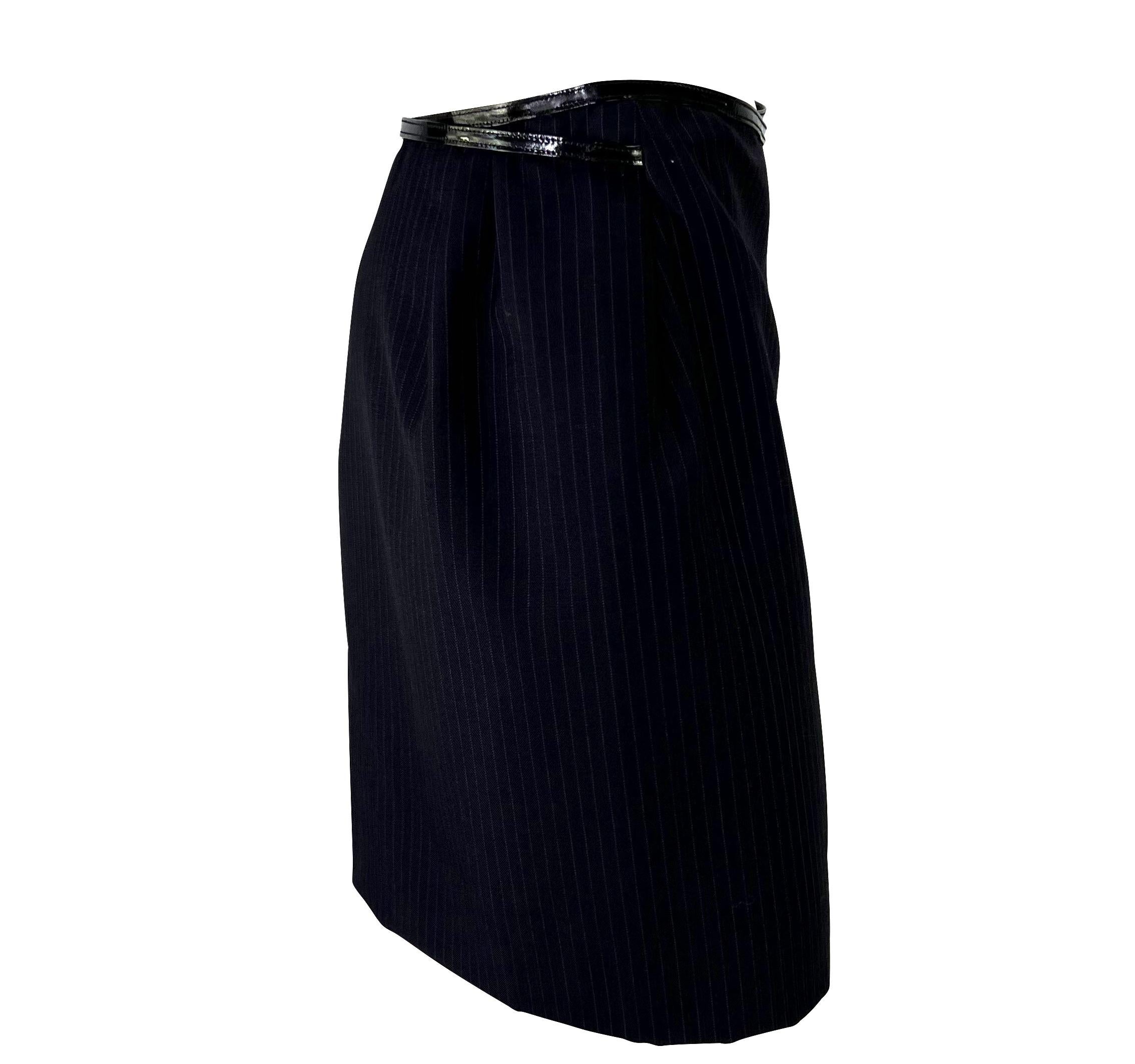 F/W 1997 Gucci by Tom Ford Runway G Logo Buckle Wrap Pinstripe Belted Wool Skirt 5
