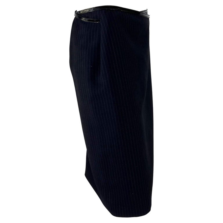 F/W 1997 Gucci by Tom Ford Runway G Logo Buckle Wrap Pinstripe Belted Wool Skirt For Sale 3