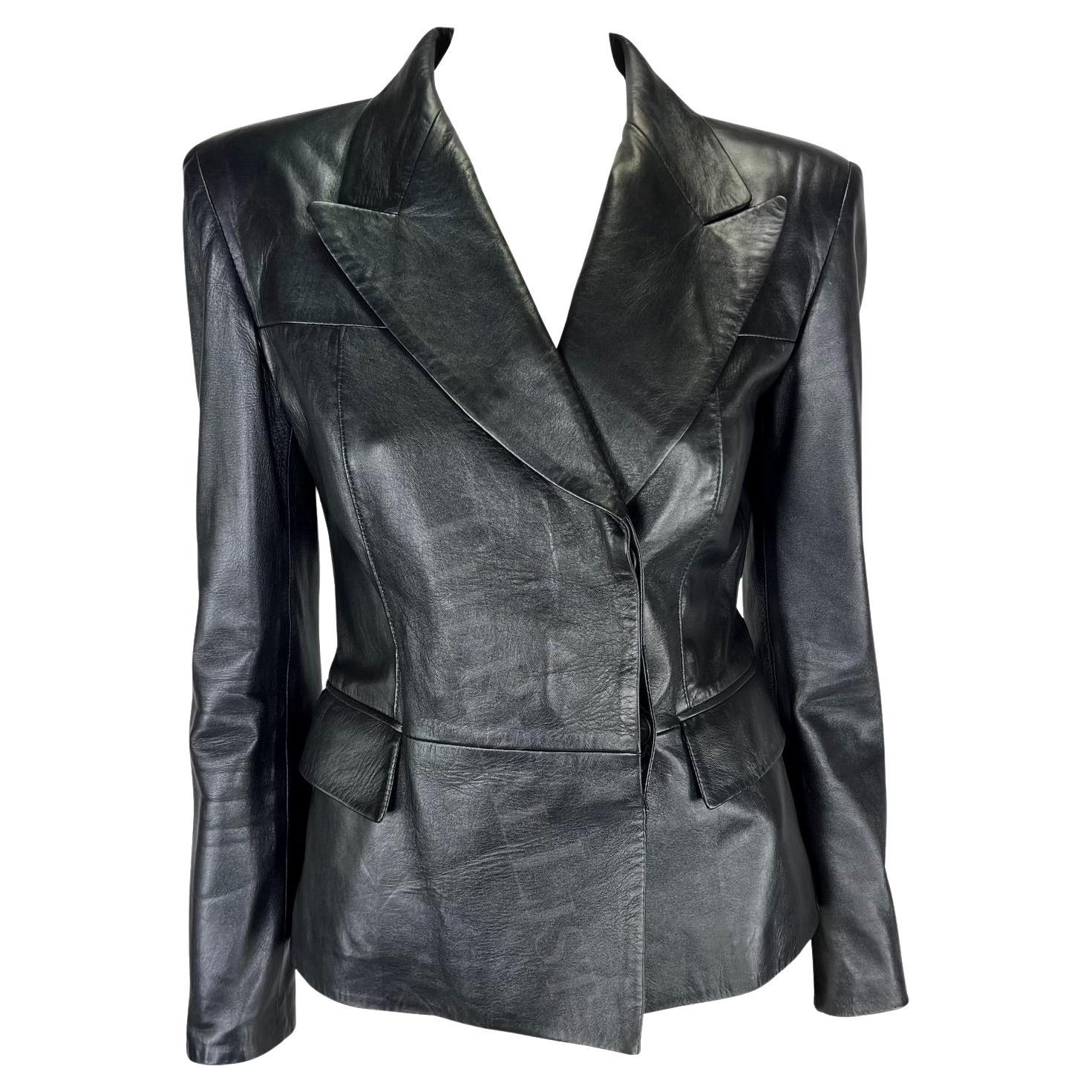 F/W 1997 Gucci by Tom Ford Runway Metallic Black Leather Blazer Jacket For Sale