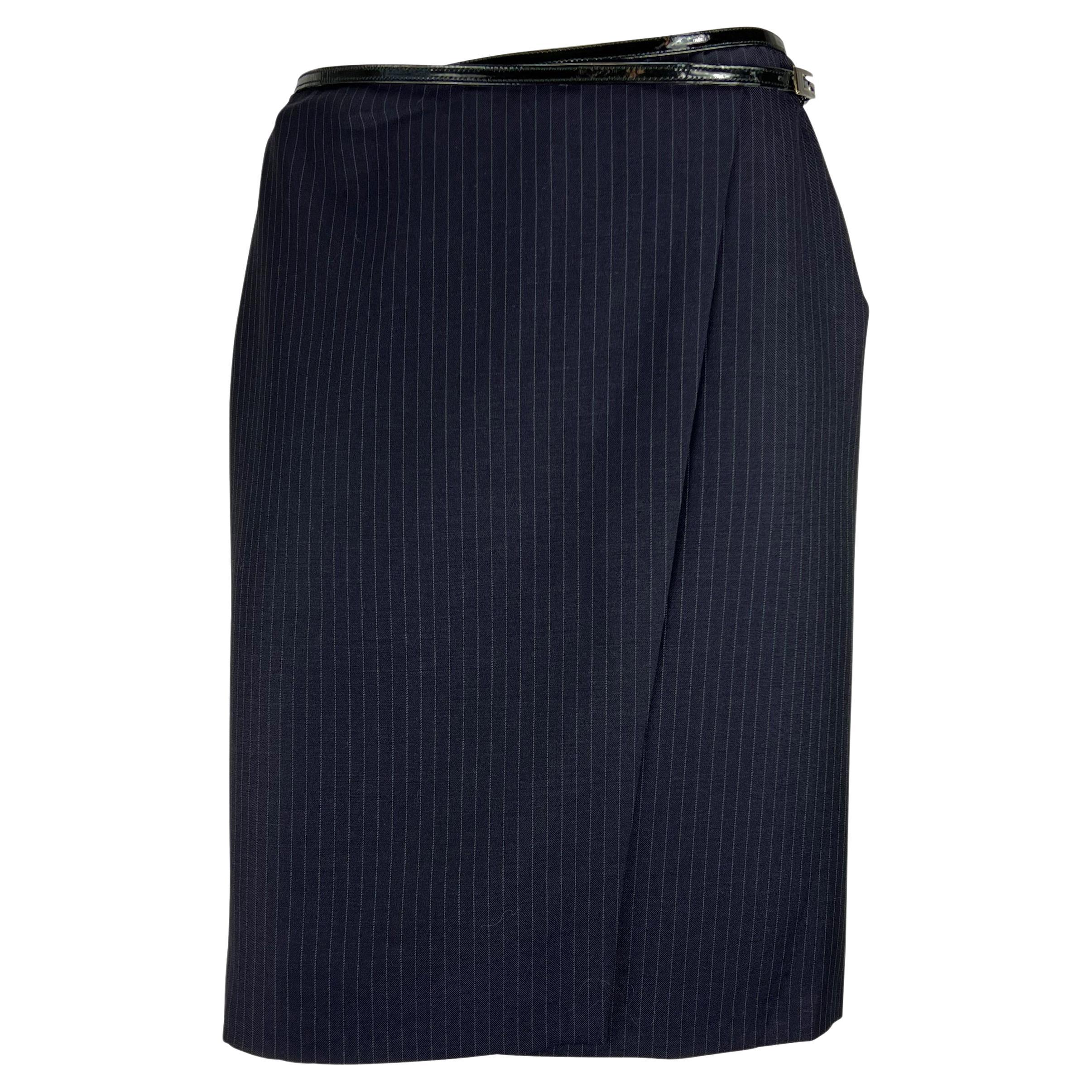 F/W 1997 Gucci by Tom Ford Runway Patent G Buckle Navy Pinstripe Wrap Skirt 5