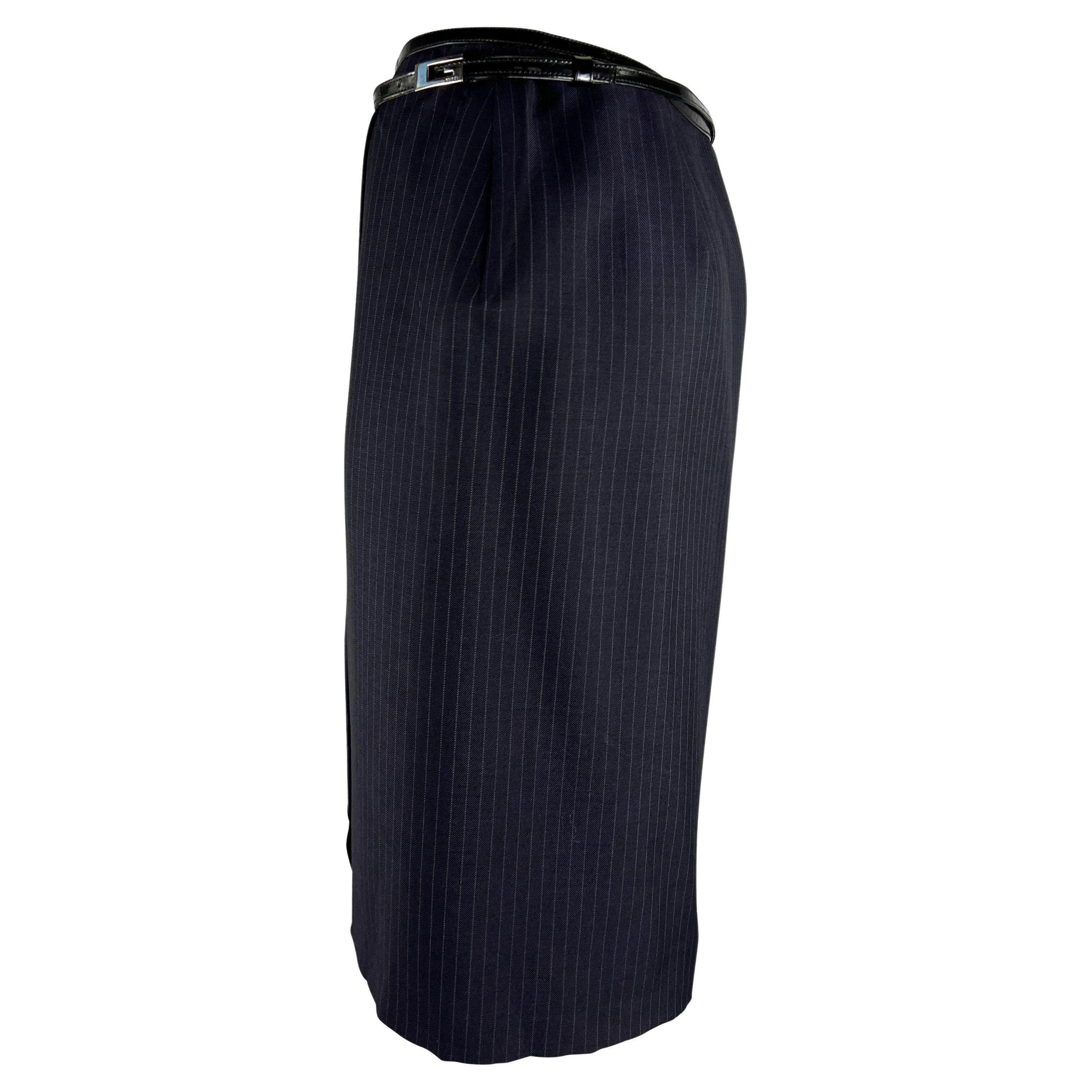 F/W 1997 Gucci by Tom Ford Runway Patent G Buckle Navy Pinstripe Wrap Skirt 7