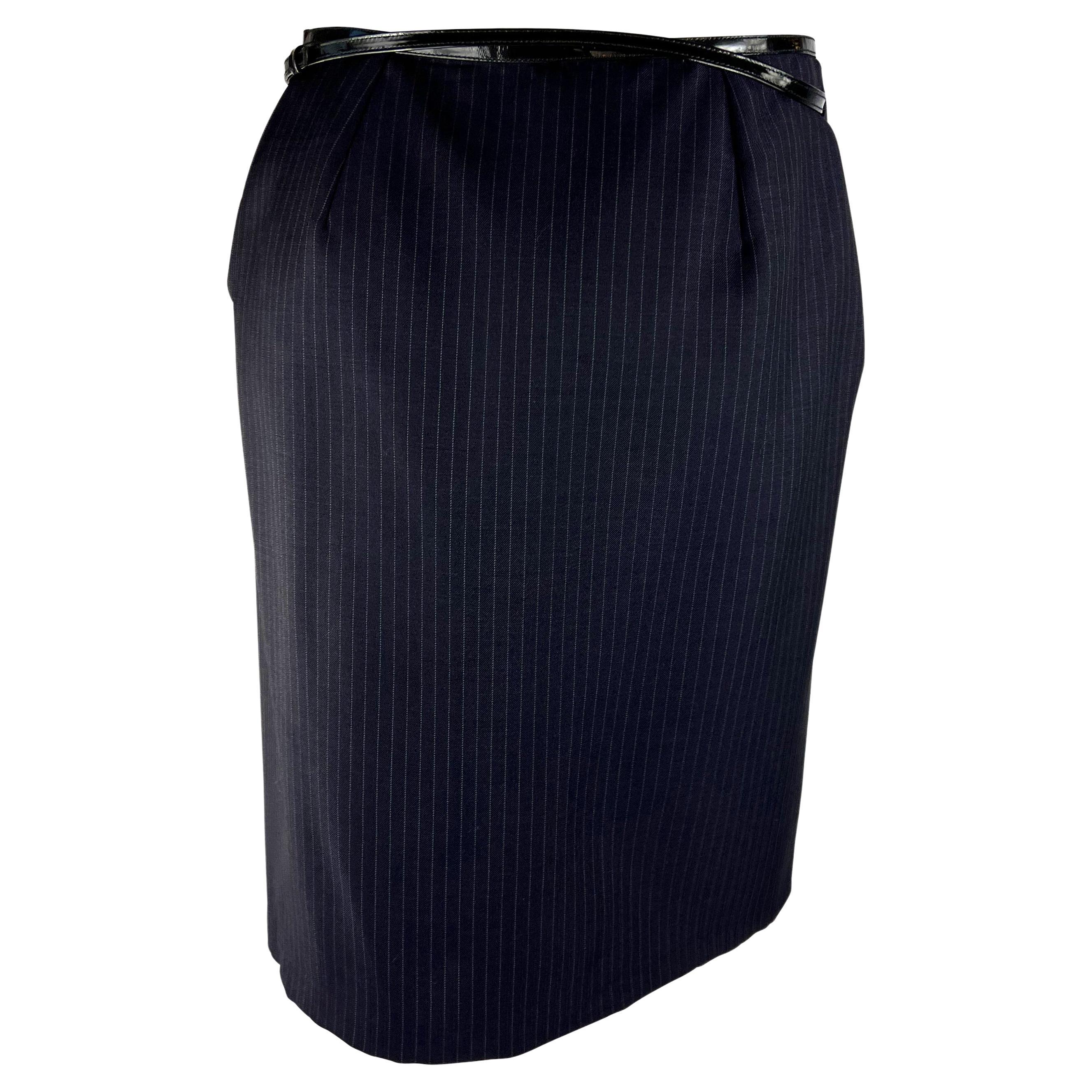 F/W 1997 Gucci by Tom Ford Runway Patent G Buckle Navy Pinstripe Wrap Skirt 8