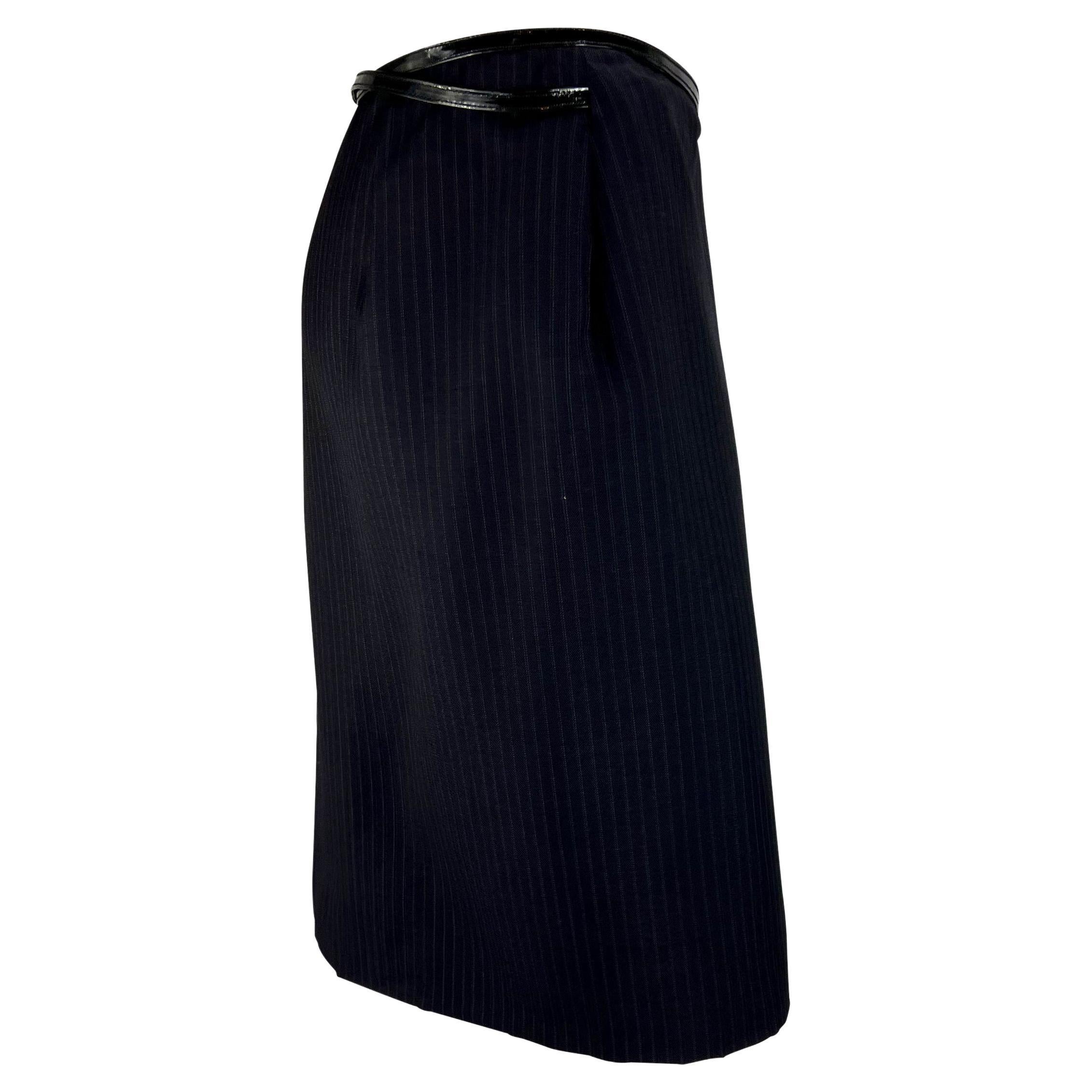 F/W 1997 Gucci by Tom Ford Runway Patent G Buckle Navy Pinstripe Wrap Skirt 9