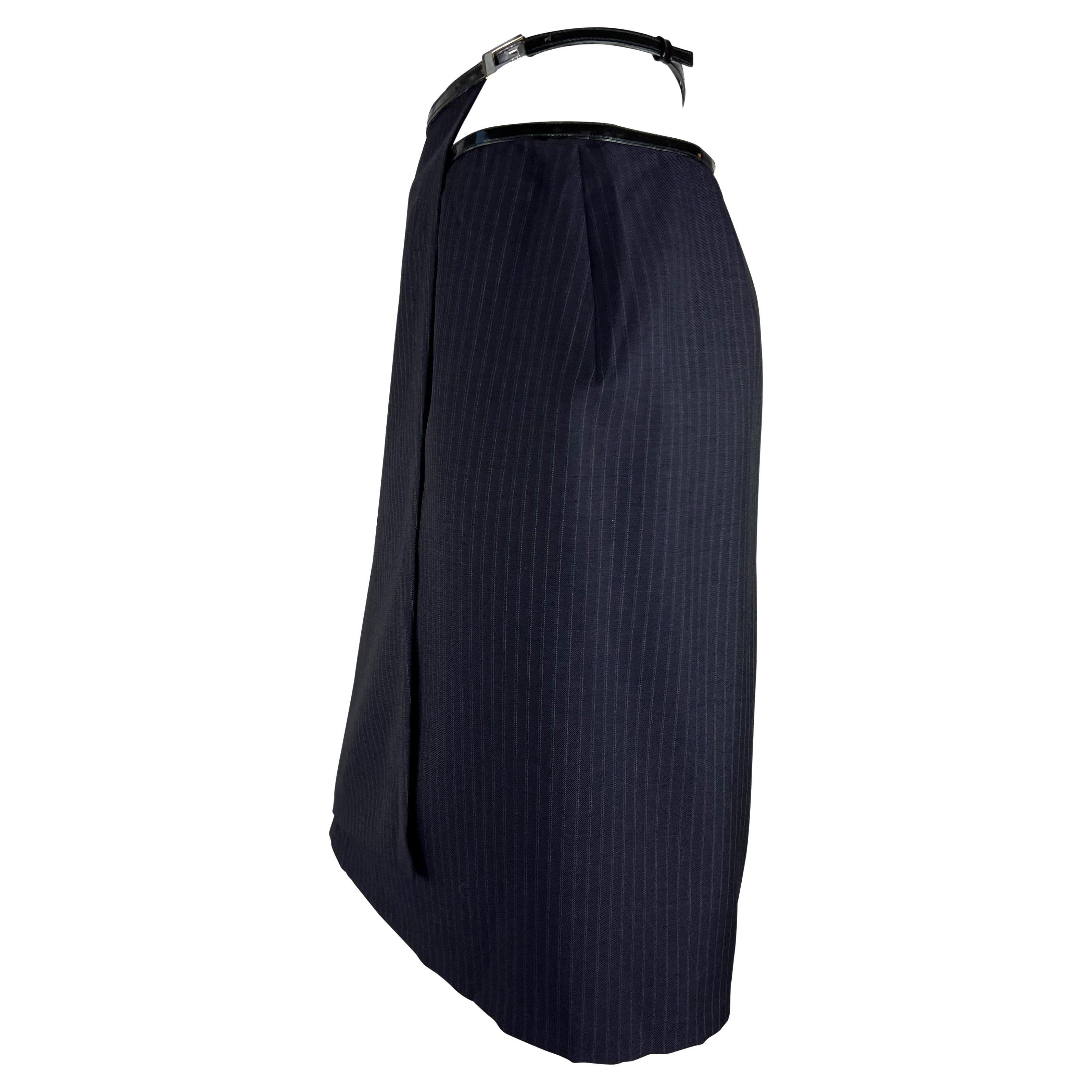 Women's F/W 1997 Gucci by Tom Ford Runway Patent G Buckle Navy Pinstripe Wrap Skirt