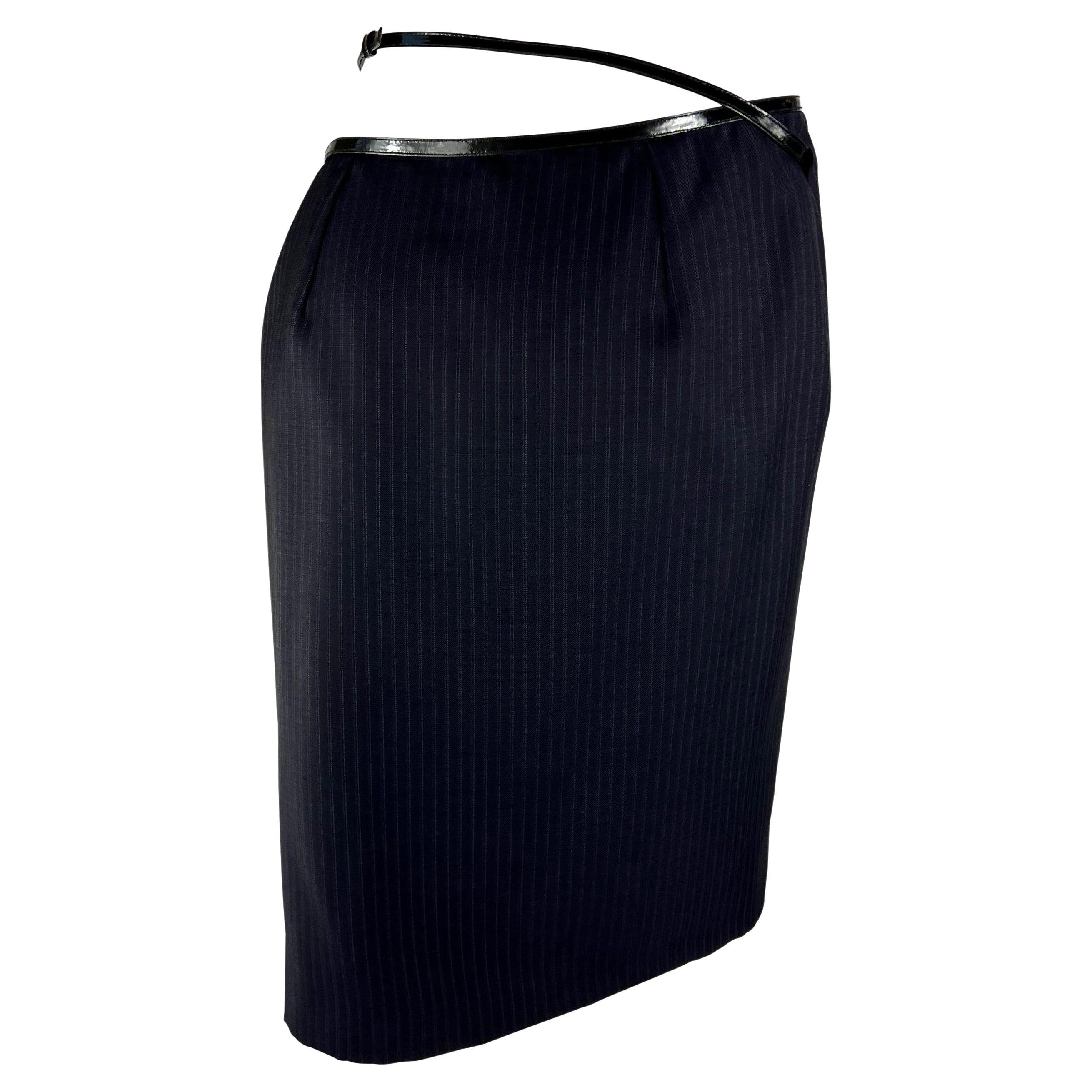 F/W 1997 Gucci by Tom Ford Runway Patent G Buckle Navy Pinstripe Wrap Skirt 2
