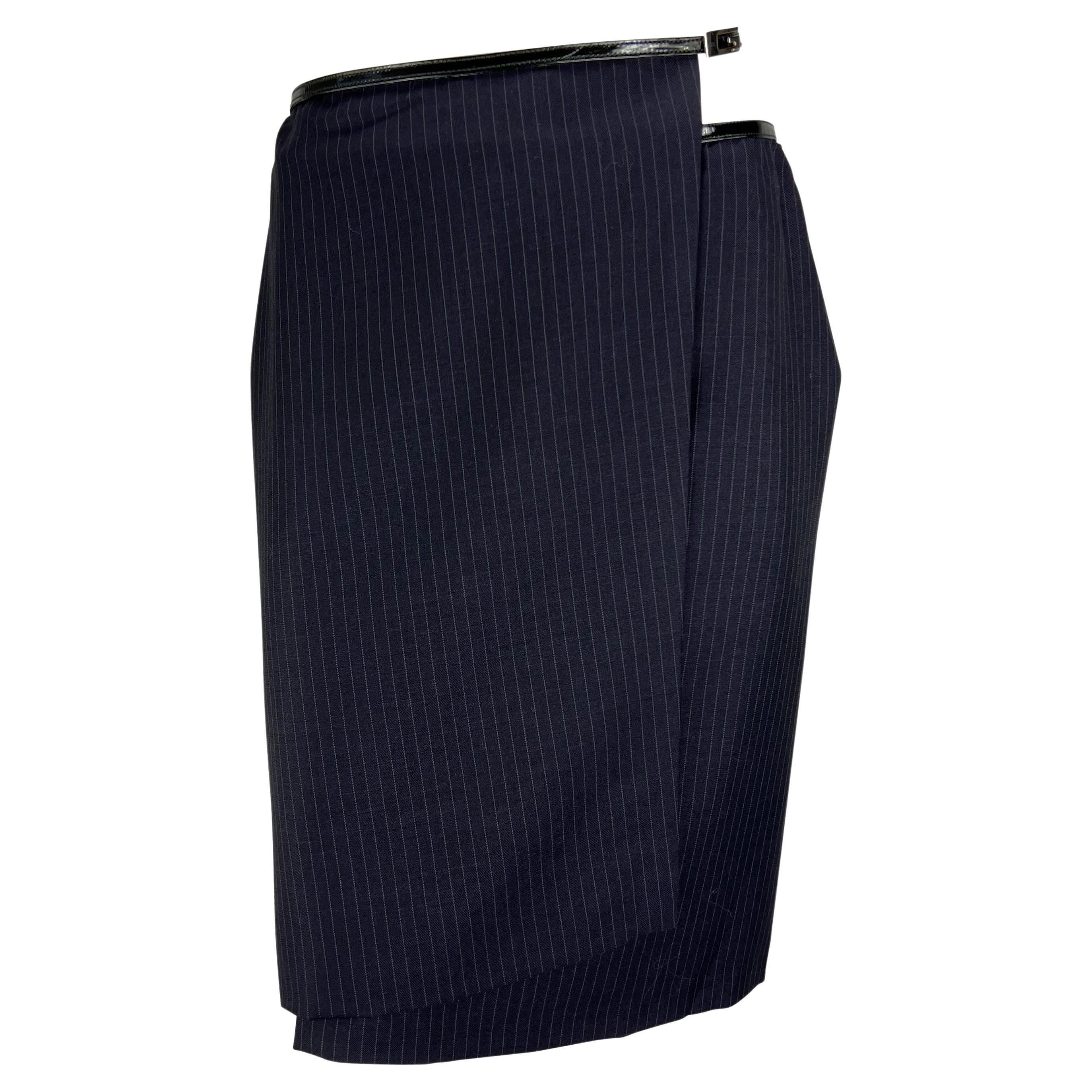 F/W 1997 Gucci by Tom Ford Runway Patent G Buckle Navy Pinstripe Wrap Skirt 4