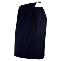 F/W 1997 Gucci by Tom Ford Runway Patent G Buckle Navy Pinstripe Wrap Skirt