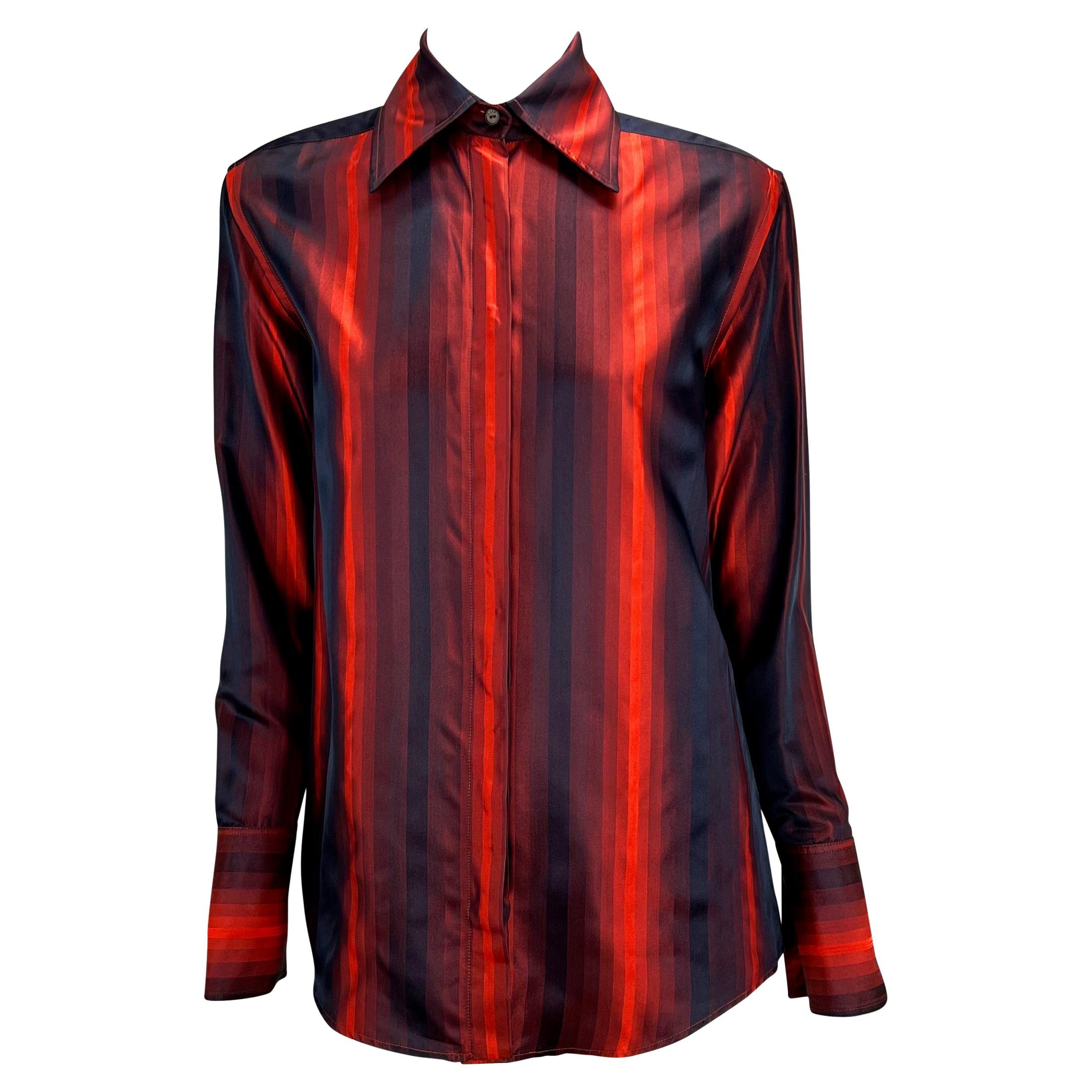 F/W 1997 Gucci by Tom Ford Runway Red Ombré Stripe Button Up Shoulder Pad Top