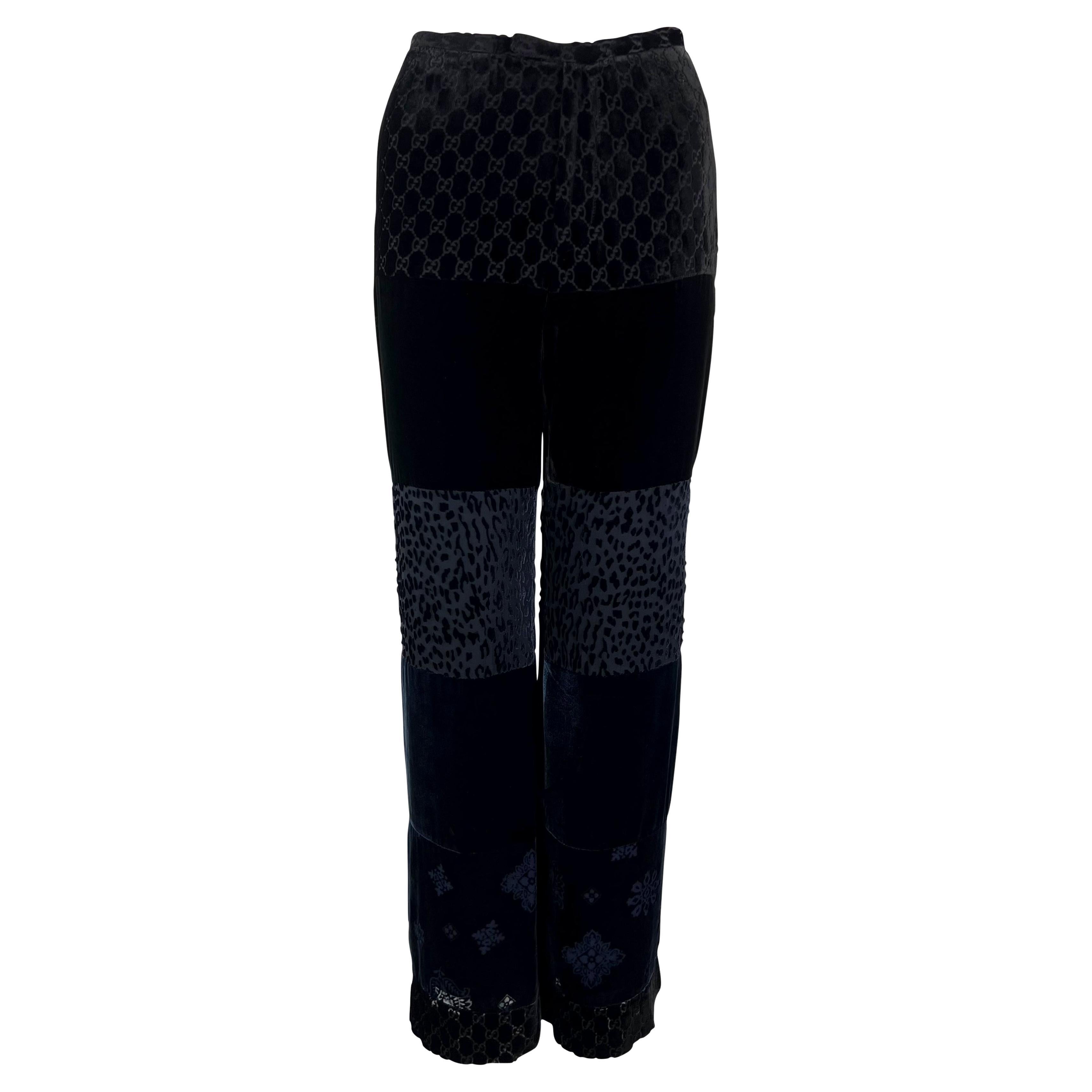 F/W 1997 Gucci by Tom Ford Runway Velvet GG Monogram Navy Black Patchwork Pants For Sale