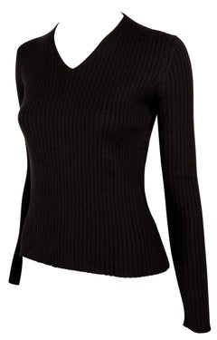 F/W 1997 Gucci by Tom Ford Semi-Sheer Brown Wool V-Neck Stretch Ribbed Sweater