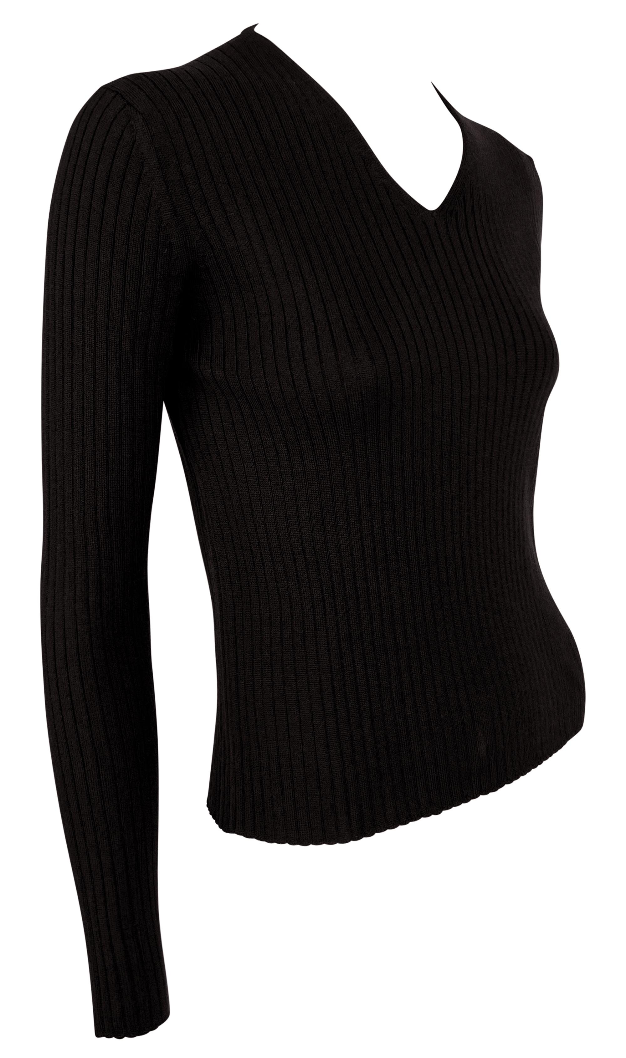 Donna A/I 1997 Gucci by Tom Ford Maglione a coste stretch con scollo a V in lana marrone semi trasparente in vendita