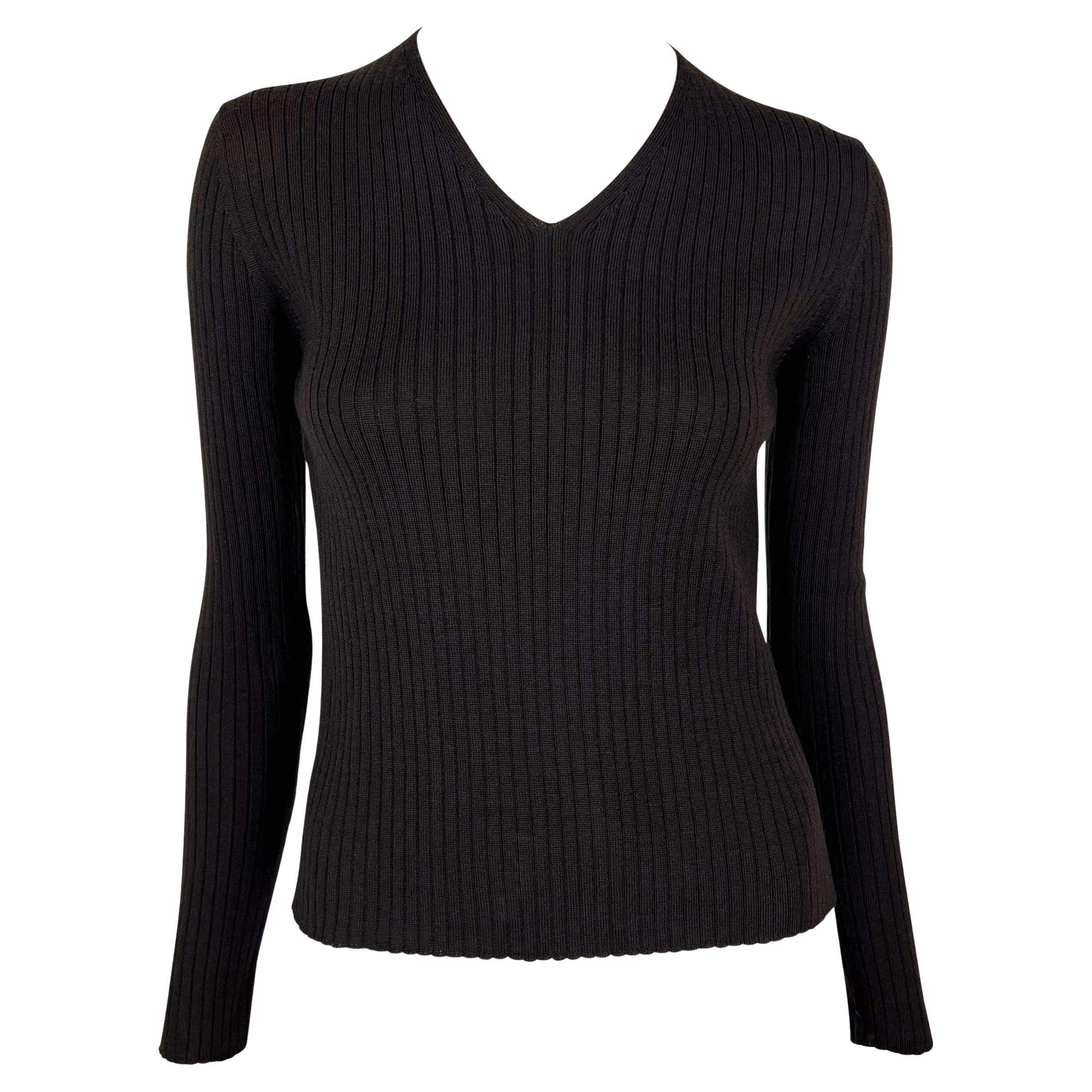 A/I 1997 Gucci by Tom Ford Maglione a coste stretch con scollo a V in lana marrone semi trasparente