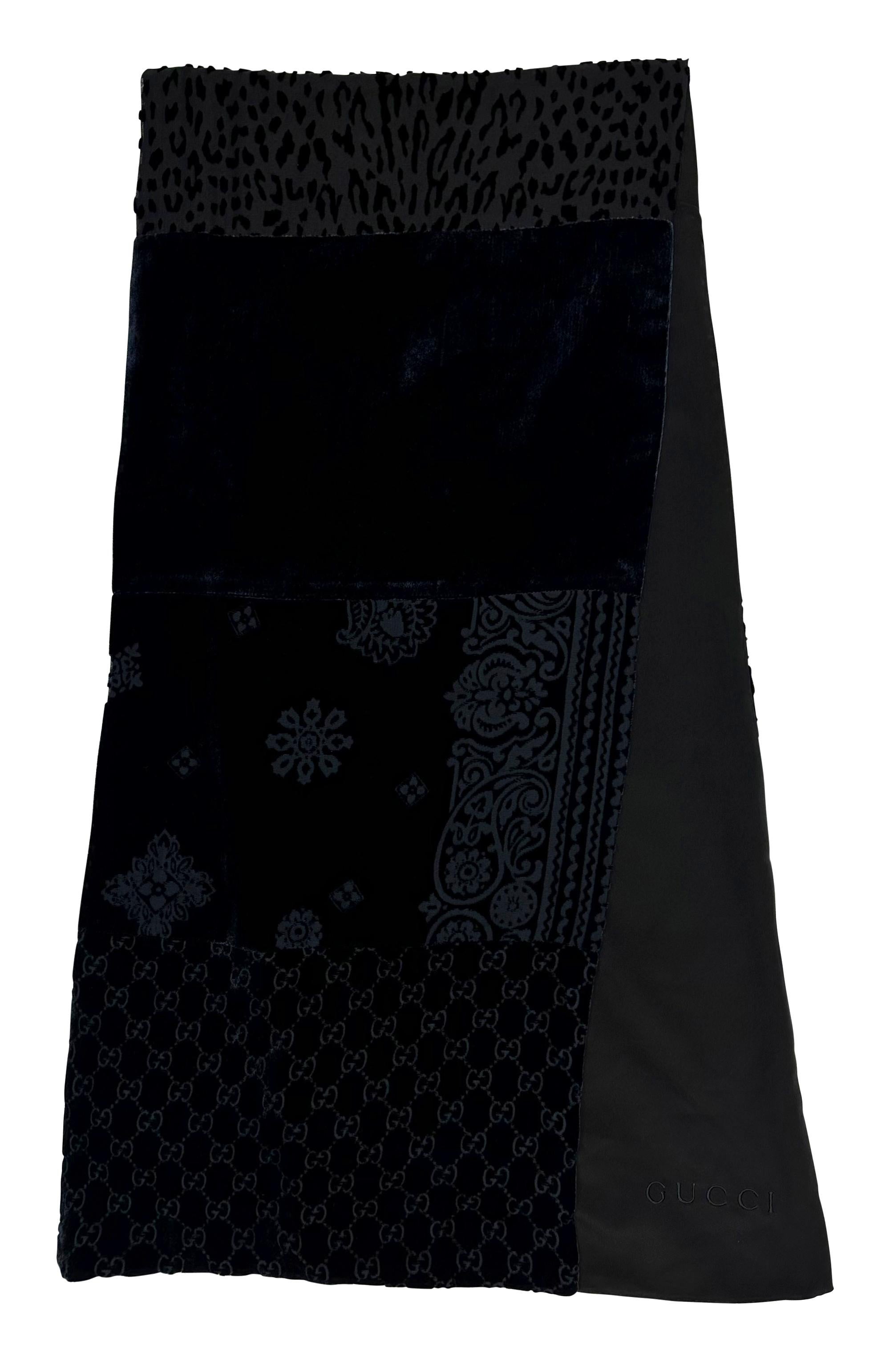 Black F/W 1997 Gucci by Tom Ford Velvet Patchwork Navy 'GG' Monogram Scarf For Sale