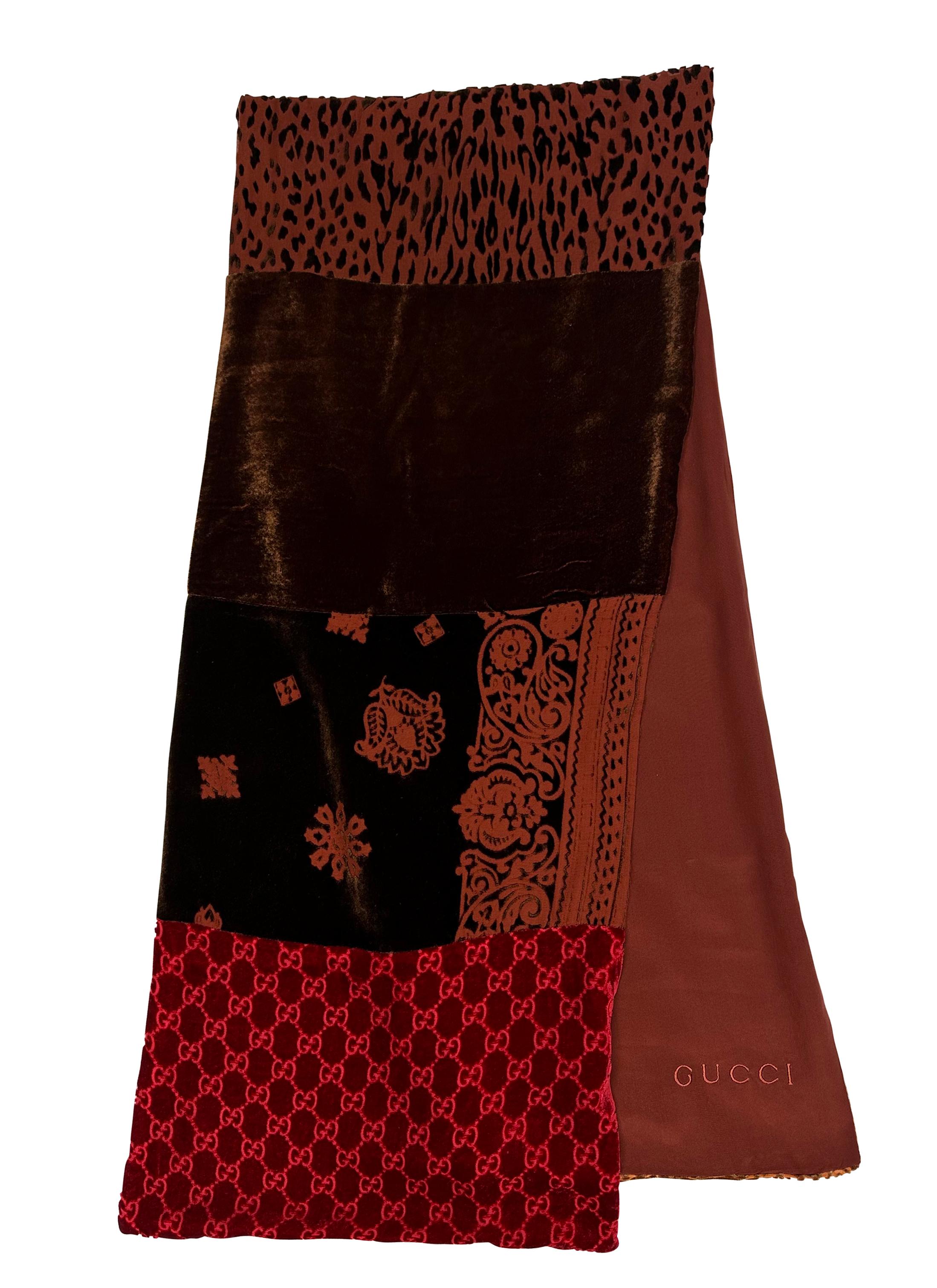 F/W 1997 Gucci by Tom Ford Velvet Patchwork Red 'GG' Monogram Scarf In Excellent Condition For Sale In West Hollywood, CA