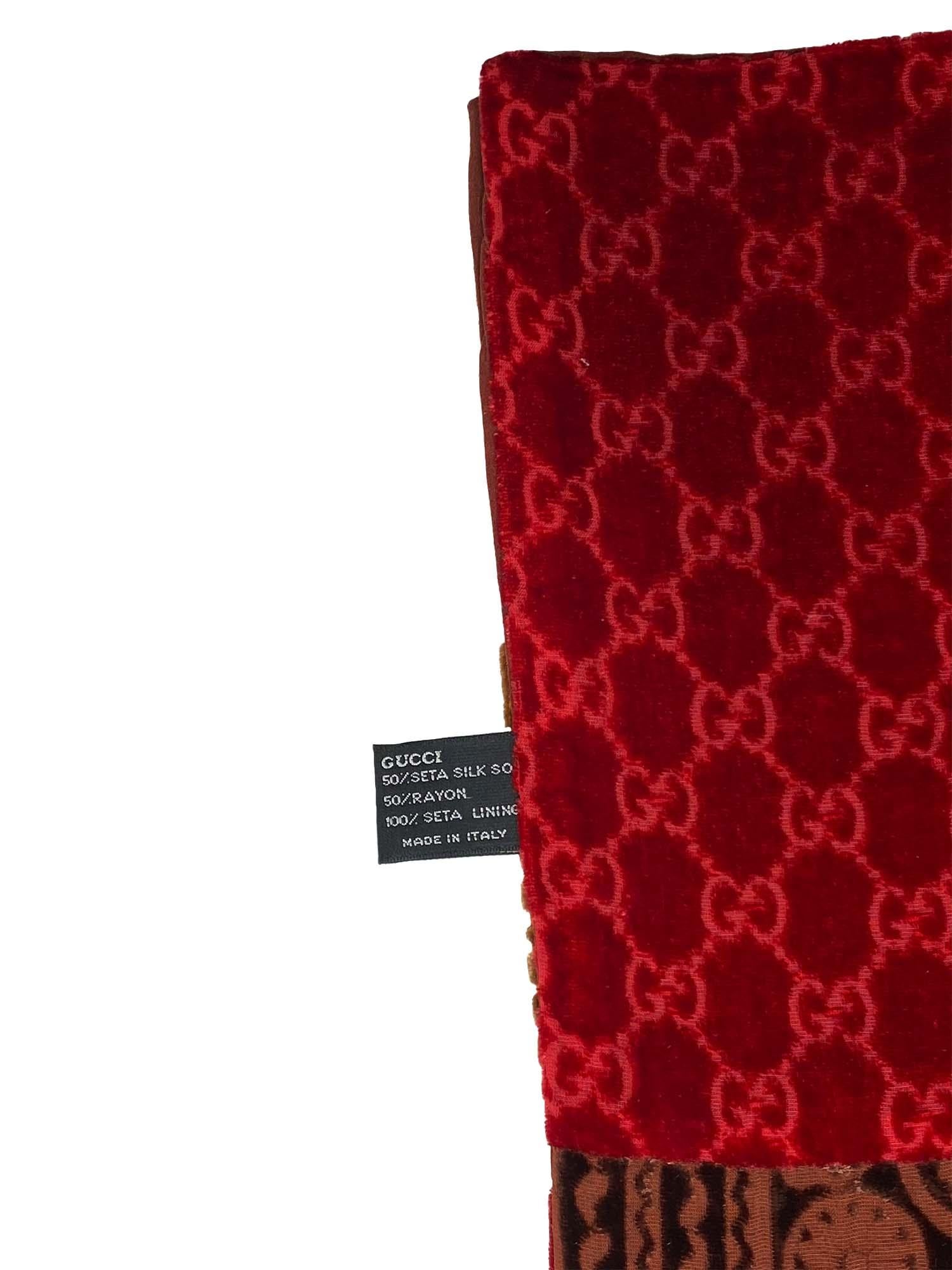 Women's or Men's F/W 1997 Gucci by Tom Ford Velvet Patchwork Red Scarf 'GG' Monogram